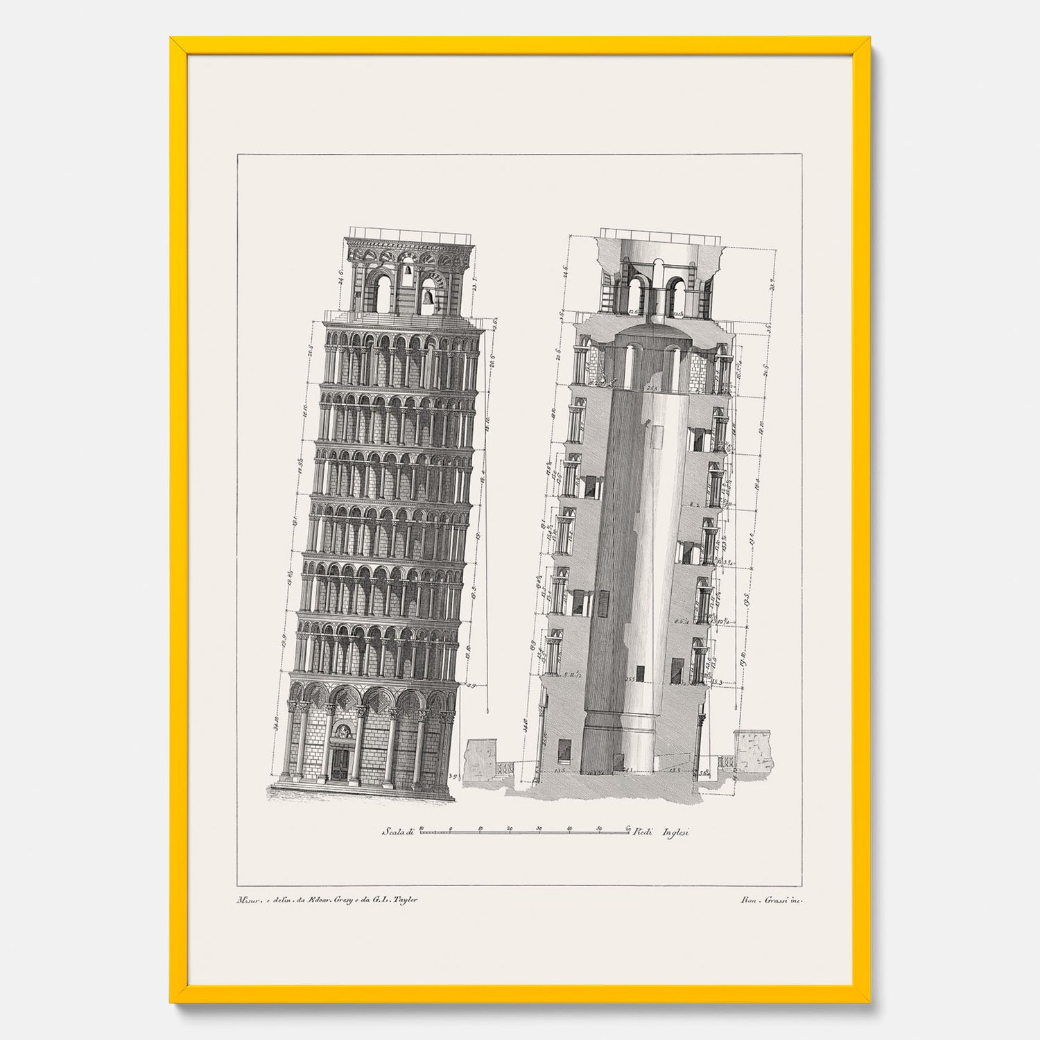 Tavla med en vintageposter som visar en illustration av Lutande tornet i Pisa, arkitektritning