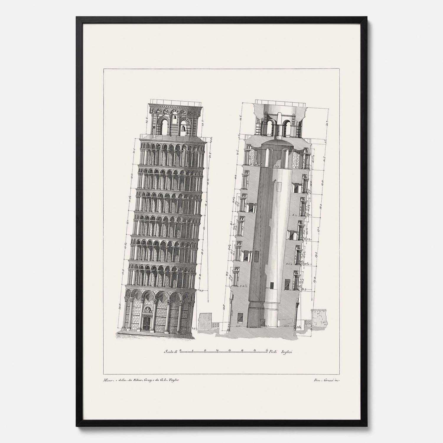 Tavla med en vintageposter som visar en illustration av Lutande tornet i Pisa, arkitektritning