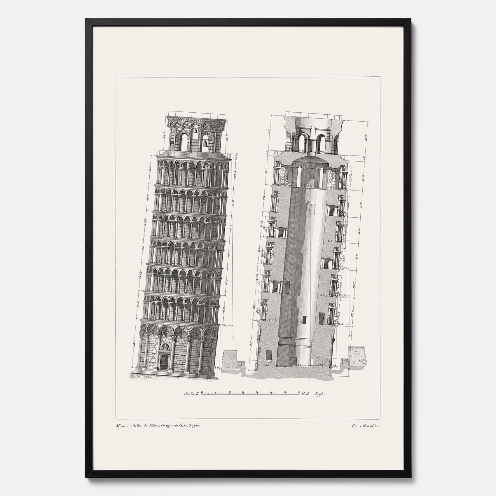 Tavla med en vintageposter som visar en illustration av Lutande tornet i Pisa, arkitektritning