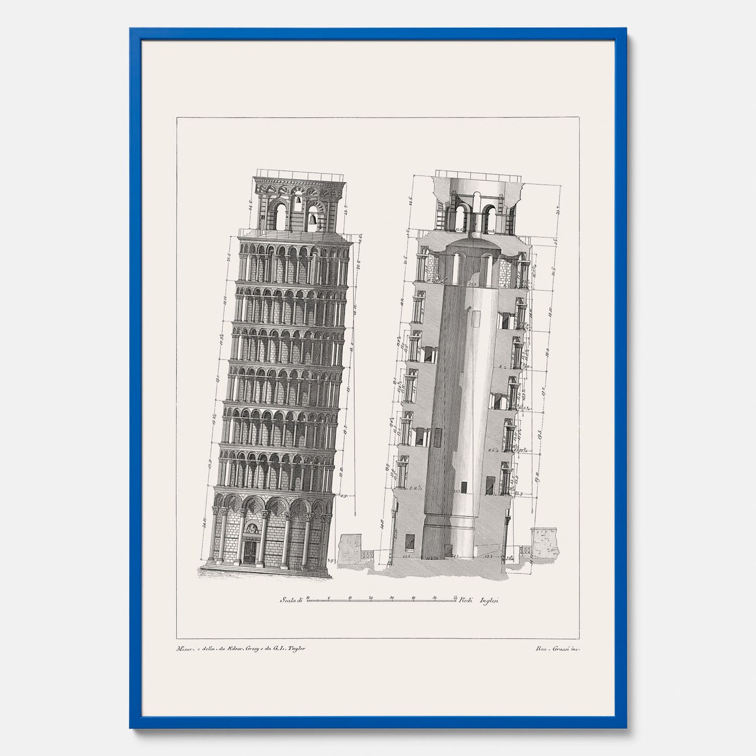 Tavla med en vintageposter som visar en illustration av Lutande tornet i Pisa, arkitektritning