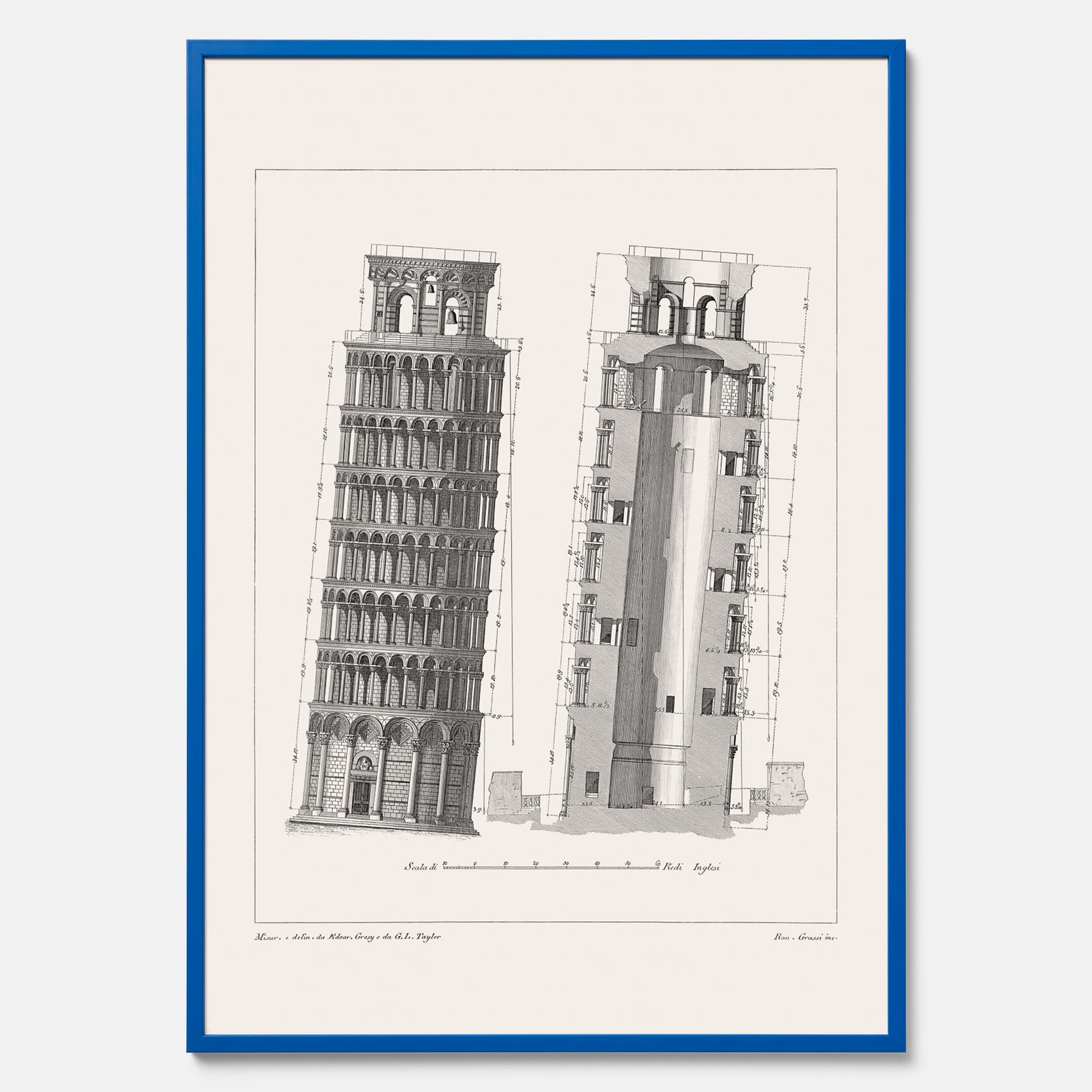 Tavla med en vintageposter som visar en illustration av Lutande tornet i Pisa, arkitektritning