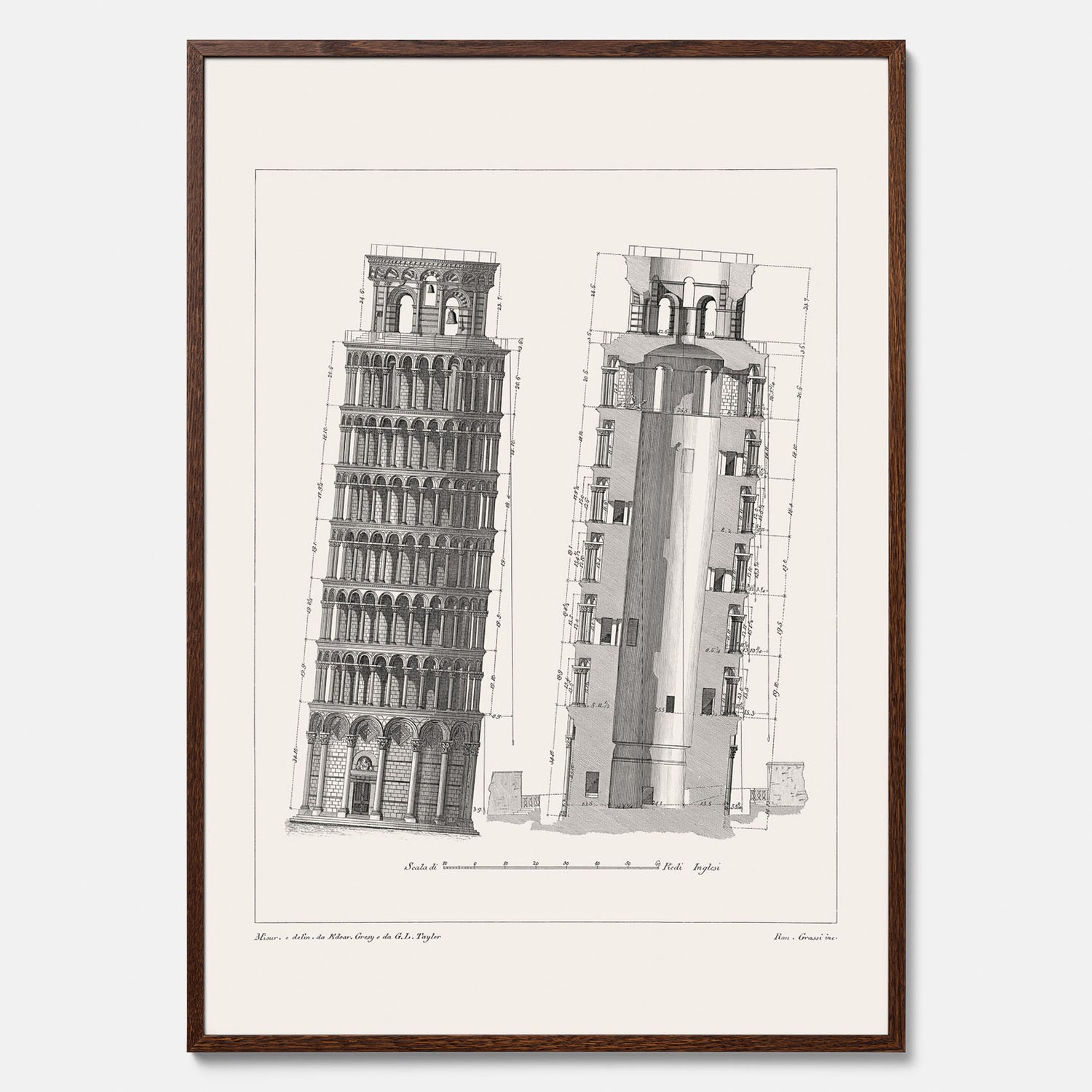 Tavla med en vintageposter som visar en illustration av Lutande tornet i Pisa, arkitektritning