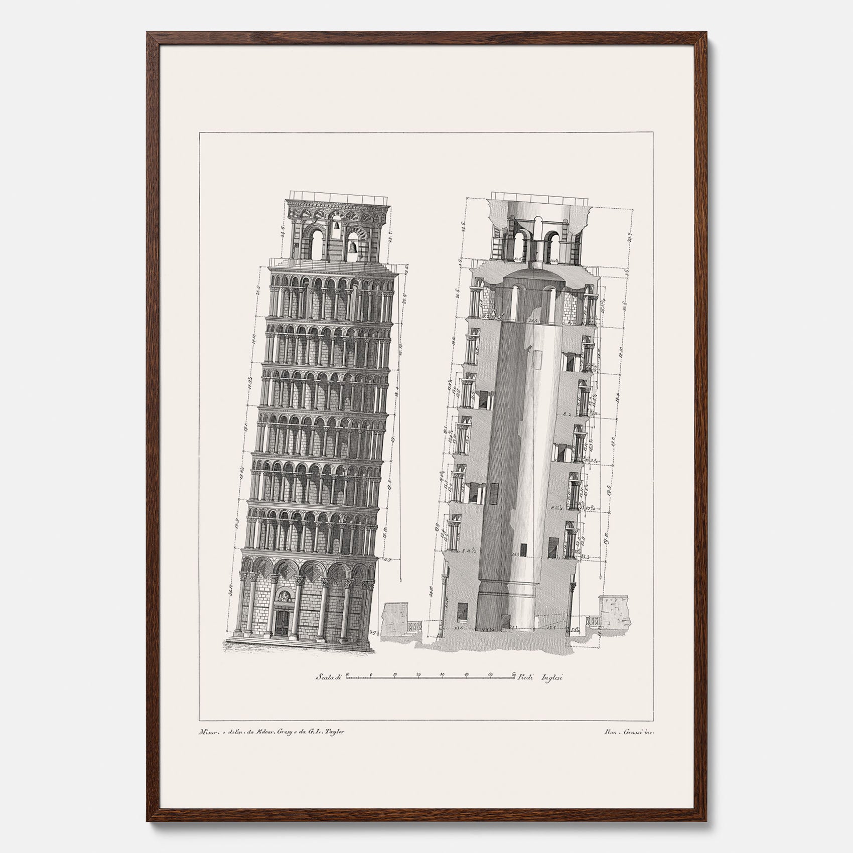 Tavla med en vintageposter som visar en illustration av Lutande tornet i Pisa, arkitektritning