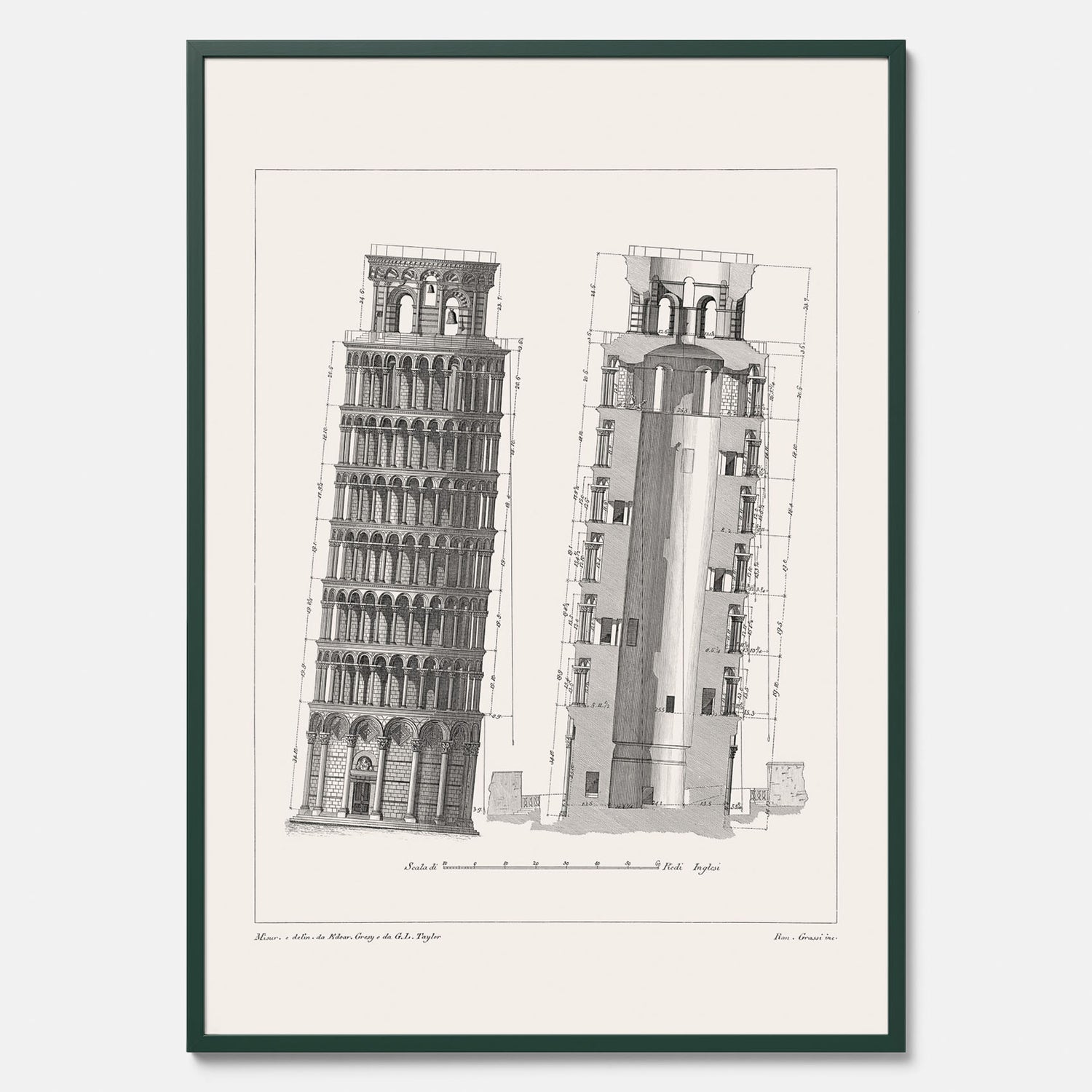 Tavla med en vintageposter som visar en illustration av Lutande tornet i Pisa, arkitektritning