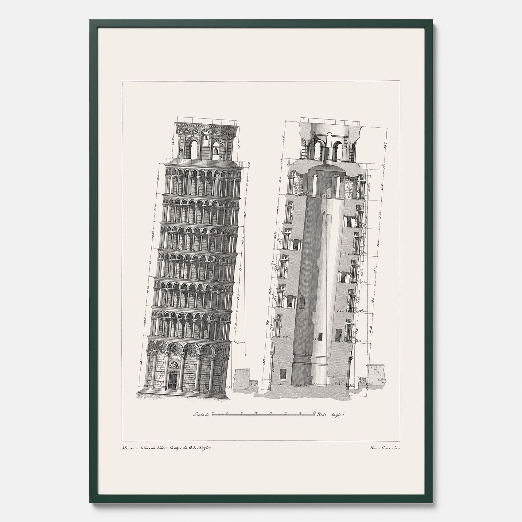 Tavla med en vintageposter som visar en illustration av Lutande tornet i Pisa, arkitektritning