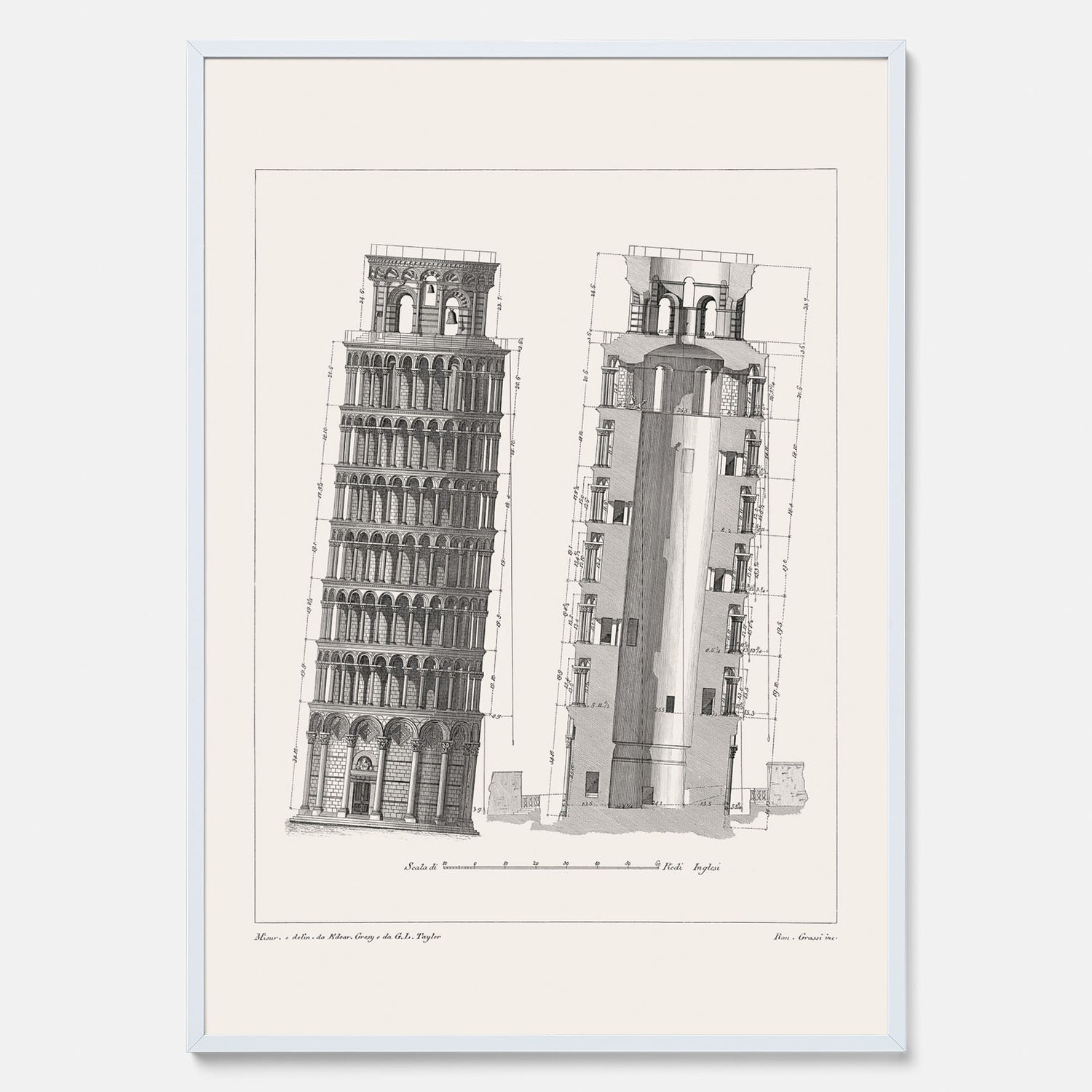 Tavla med en vintageposter som visar en illustration av Lutande tornet i Pisa, arkitektritning
