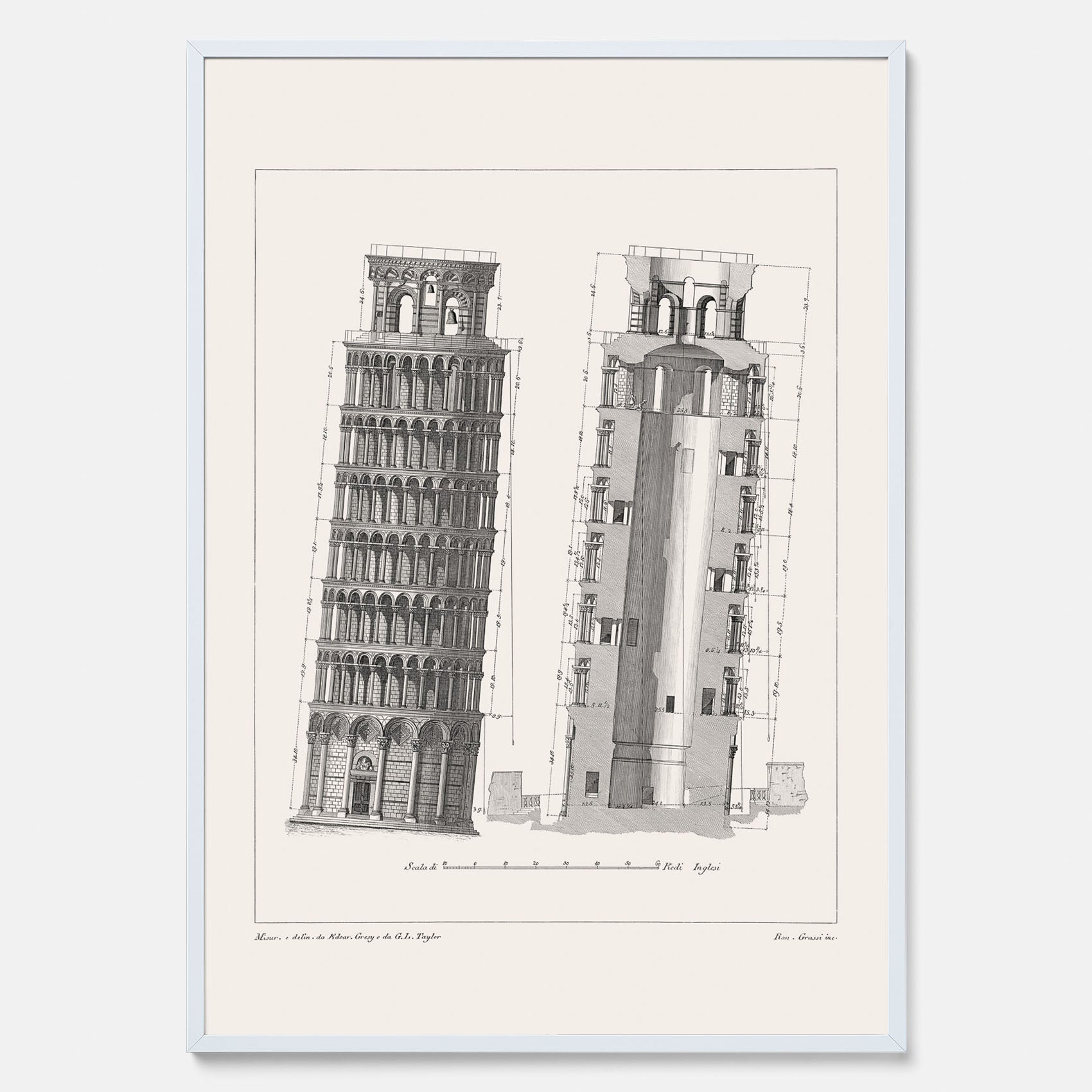 Tavla med en vintageposter som visar en illustration av Lutande tornet i Pisa, arkitektritning