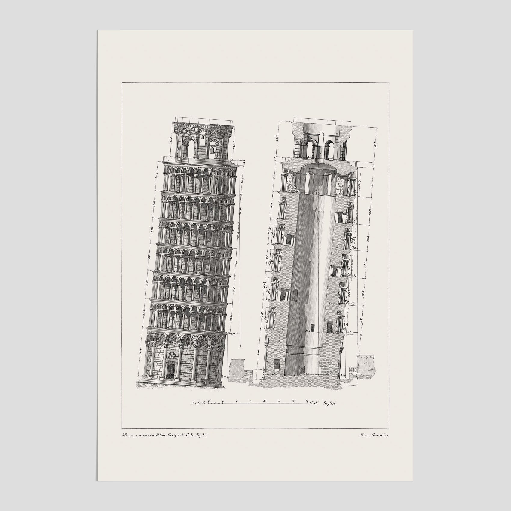 Vintageposter som visar en illustration av Lutande tornet i Pisa, arkitektritning