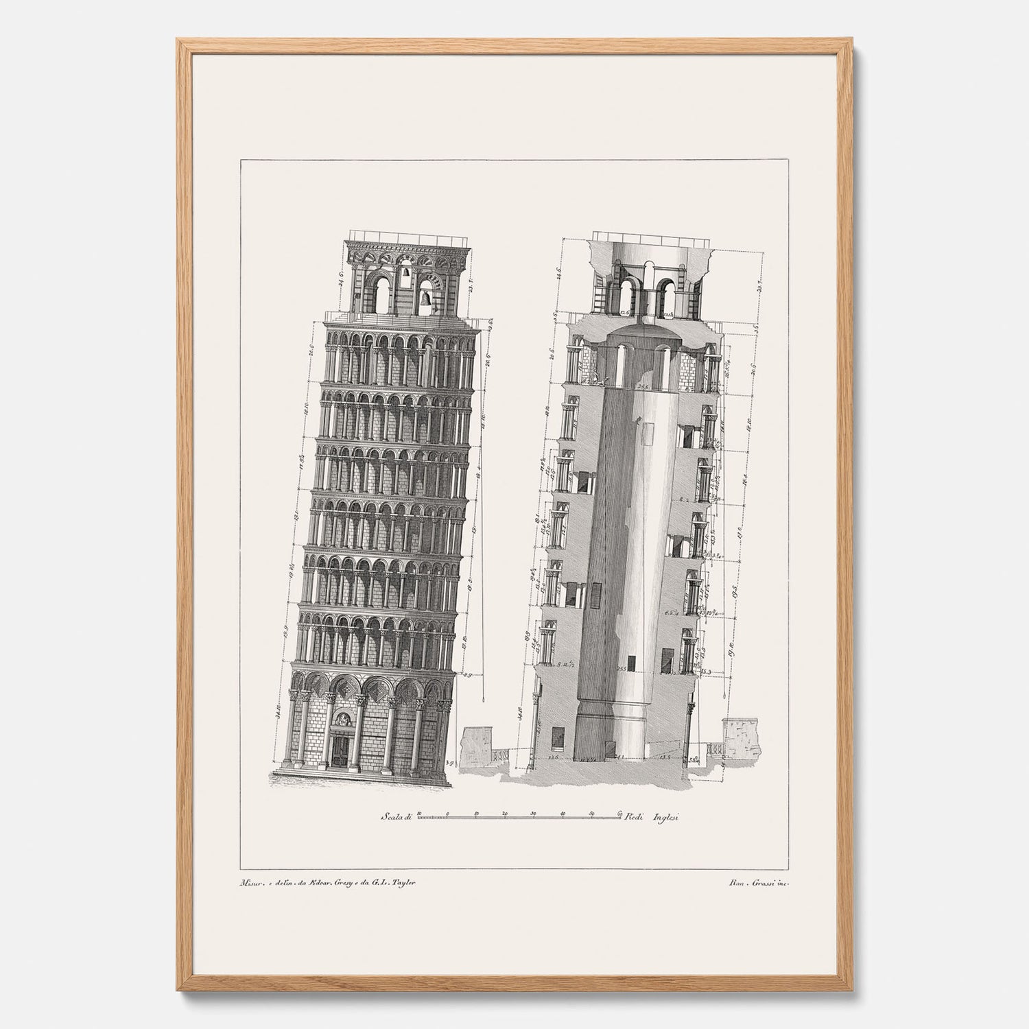 Tavla med en vintageposter som visar en illustration av Lutande tornet i Pisa, arkitektritning