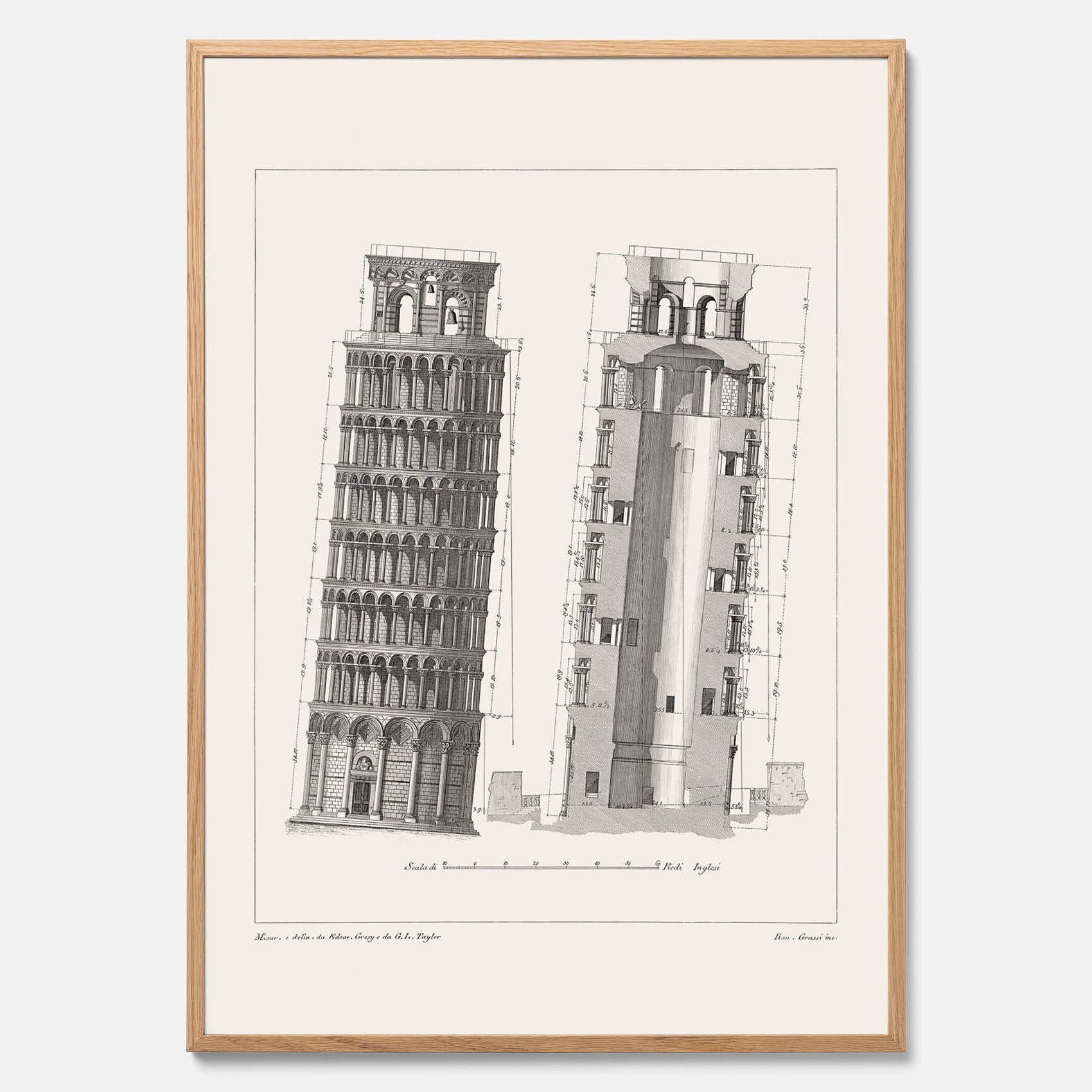 Tavla med en vintageposter som visar en illustration av Lutande tornet i Pisa, arkitektritning