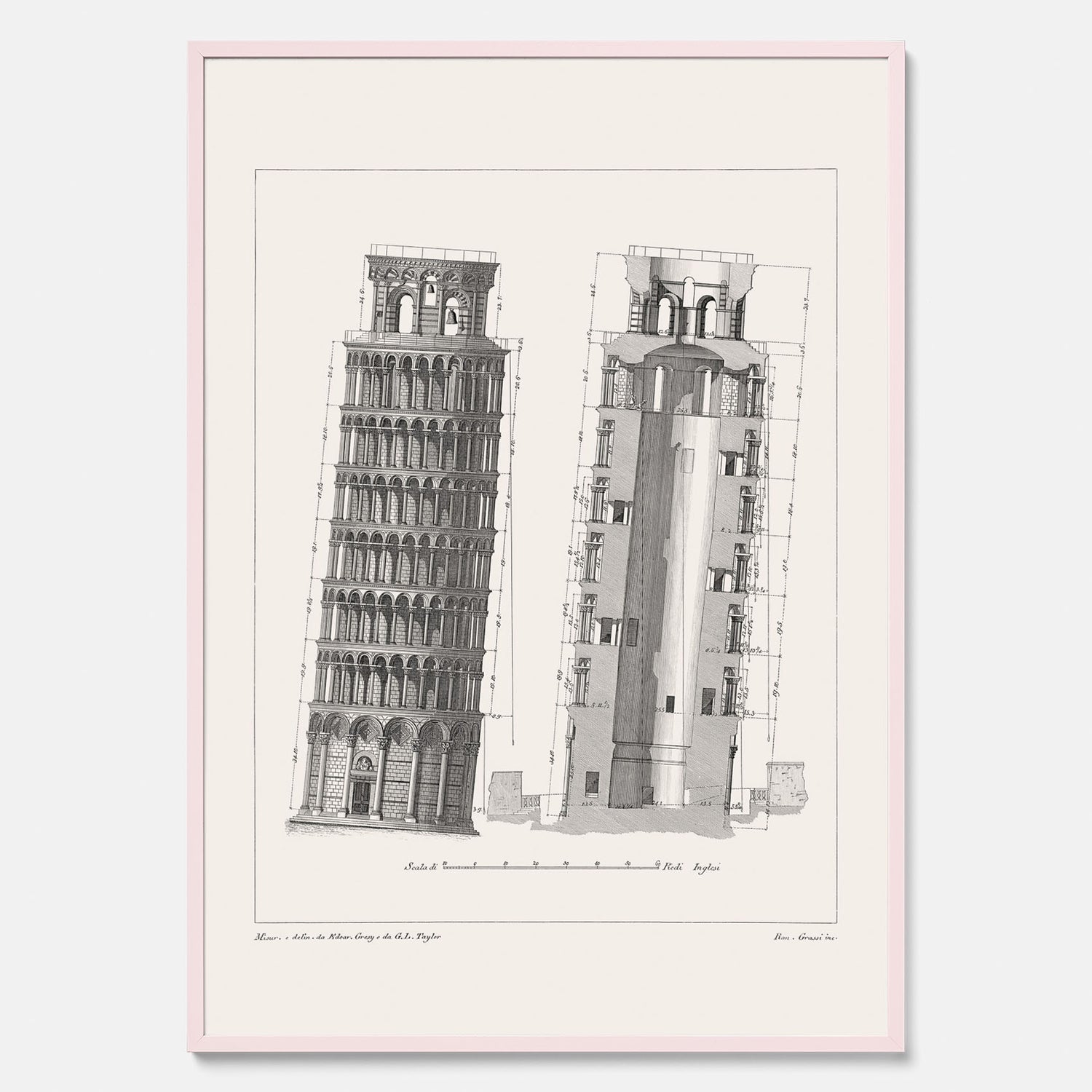 Tavla med en vintageposter som visar en illustration av Lutande tornet i Pisa, arkitektritning
