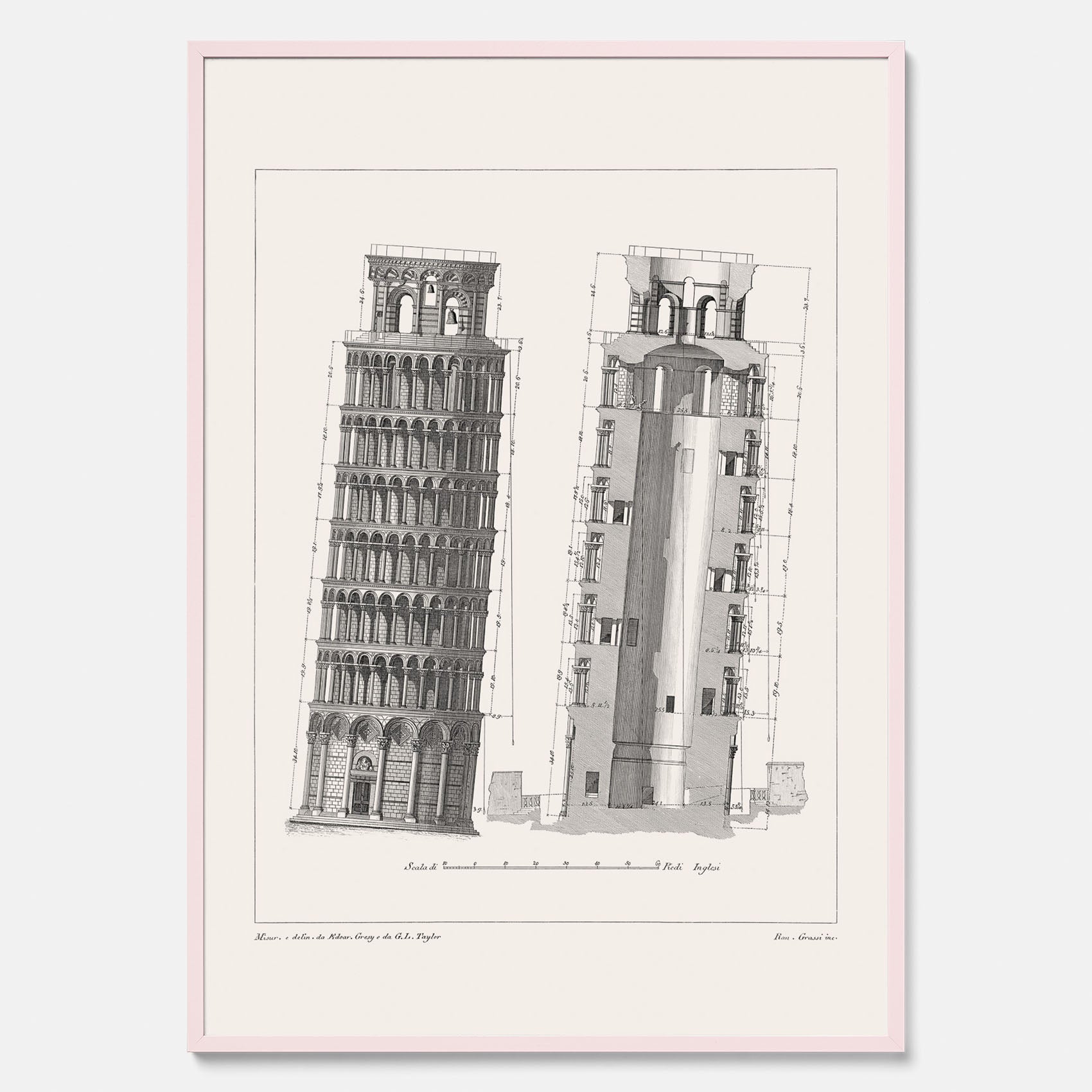 Tavla med en vintageposter som visar en illustration av Lutande tornet i Pisa, arkitektritning
