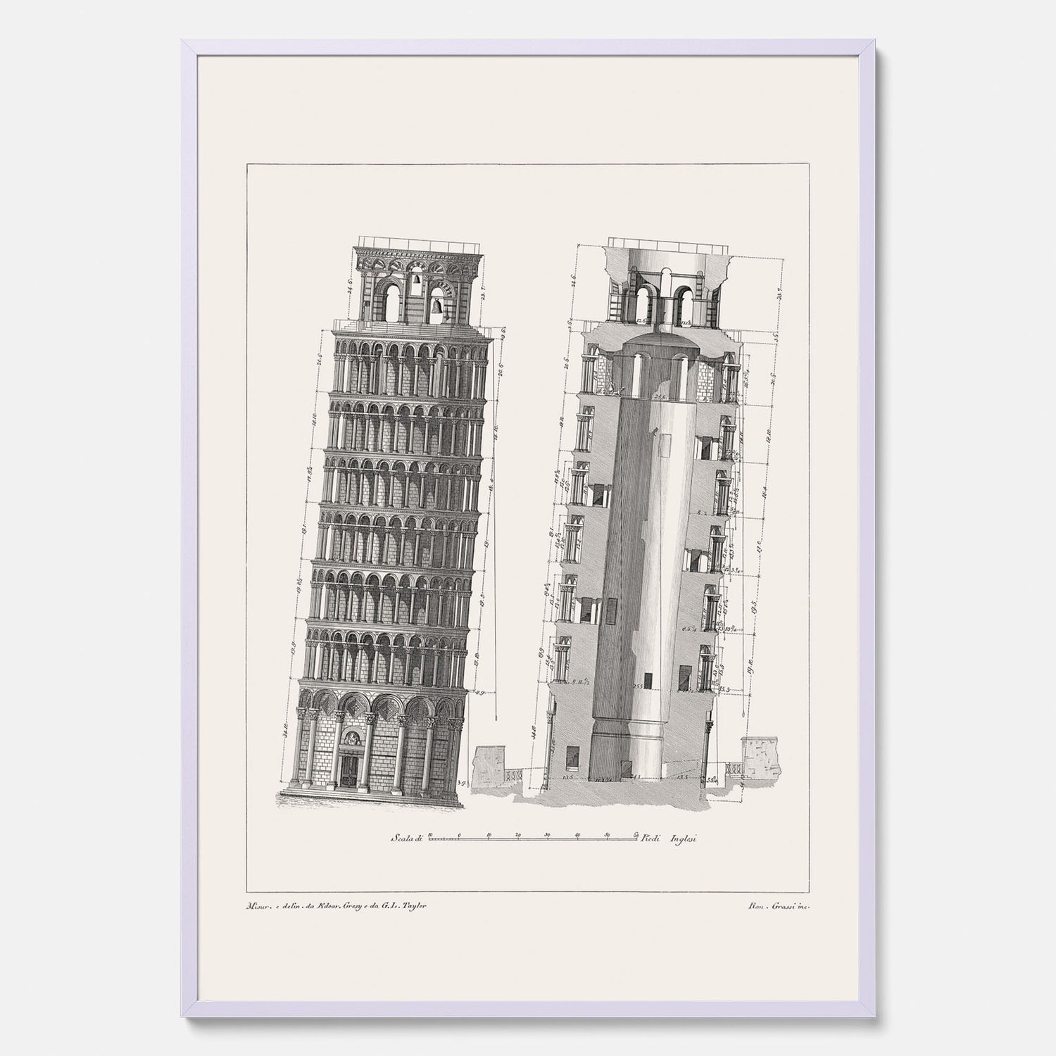 Tavla med en vintageposter som visar en illustration av Lutande tornet i Pisa, arkitektritning