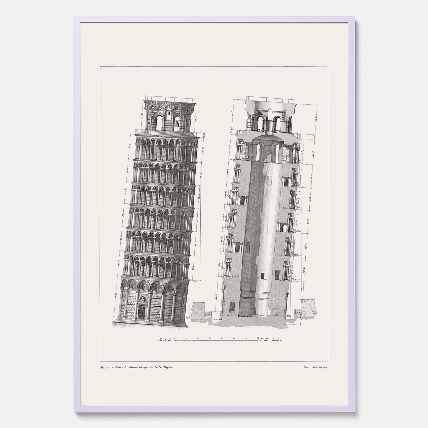 Tavla med en vintageposter som visar en illustration av Lutande tornet i Pisa, arkitektritning