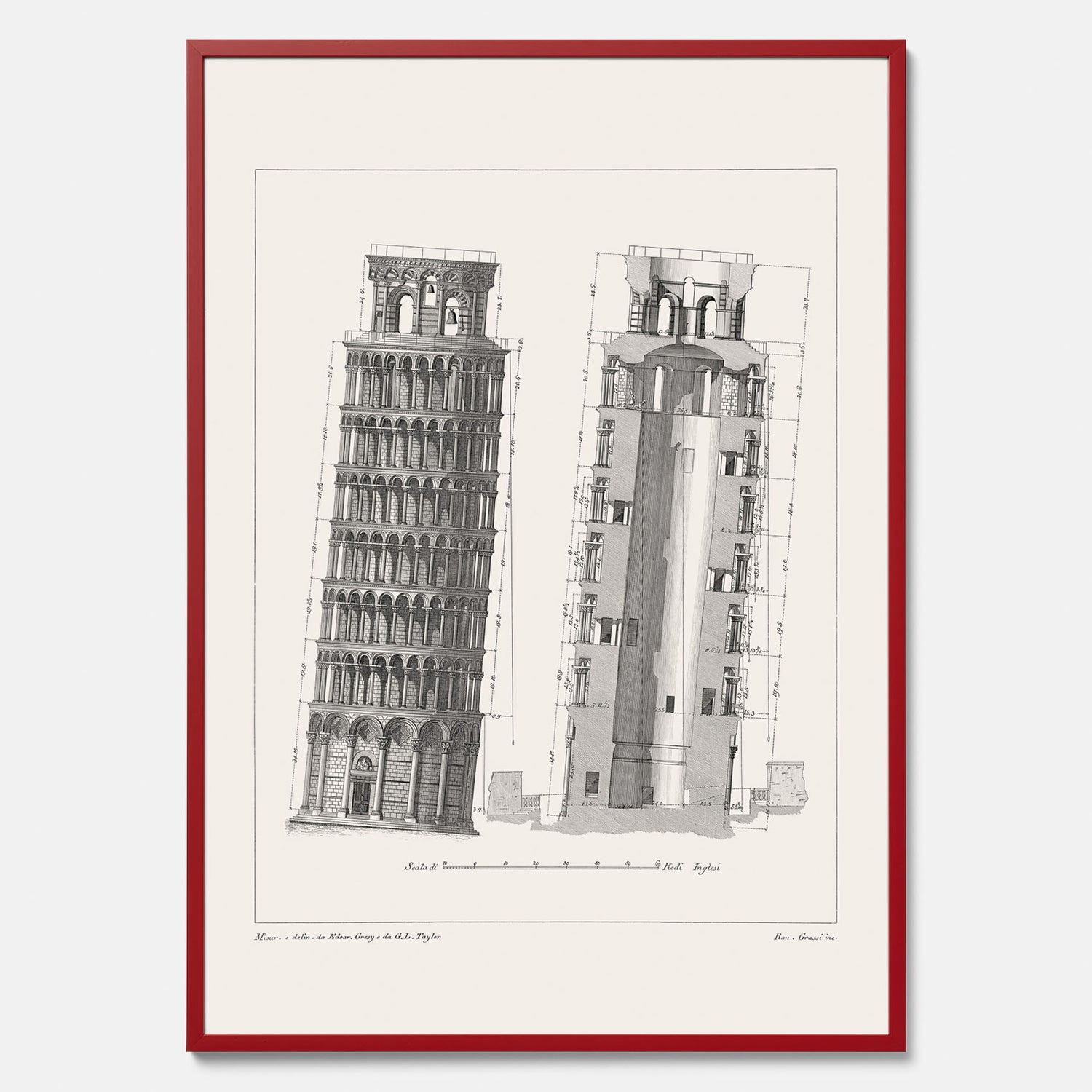 Tavla med en vintageposter som visar en illustration av Lutande tornet i Pisa, arkitektritning