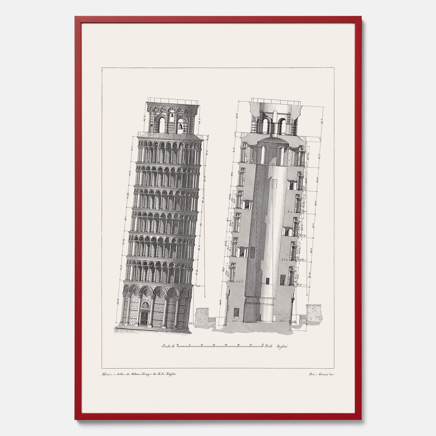 Tavla med en vintageposter som visar en illustration av Lutande tornet i Pisa, arkitektritning