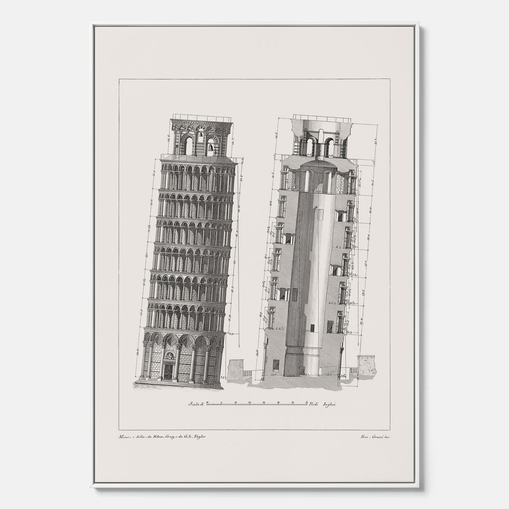 Canvastavla med en vintageposter som visar en illustration av Lutande tornet i Pisa, arkitektritning