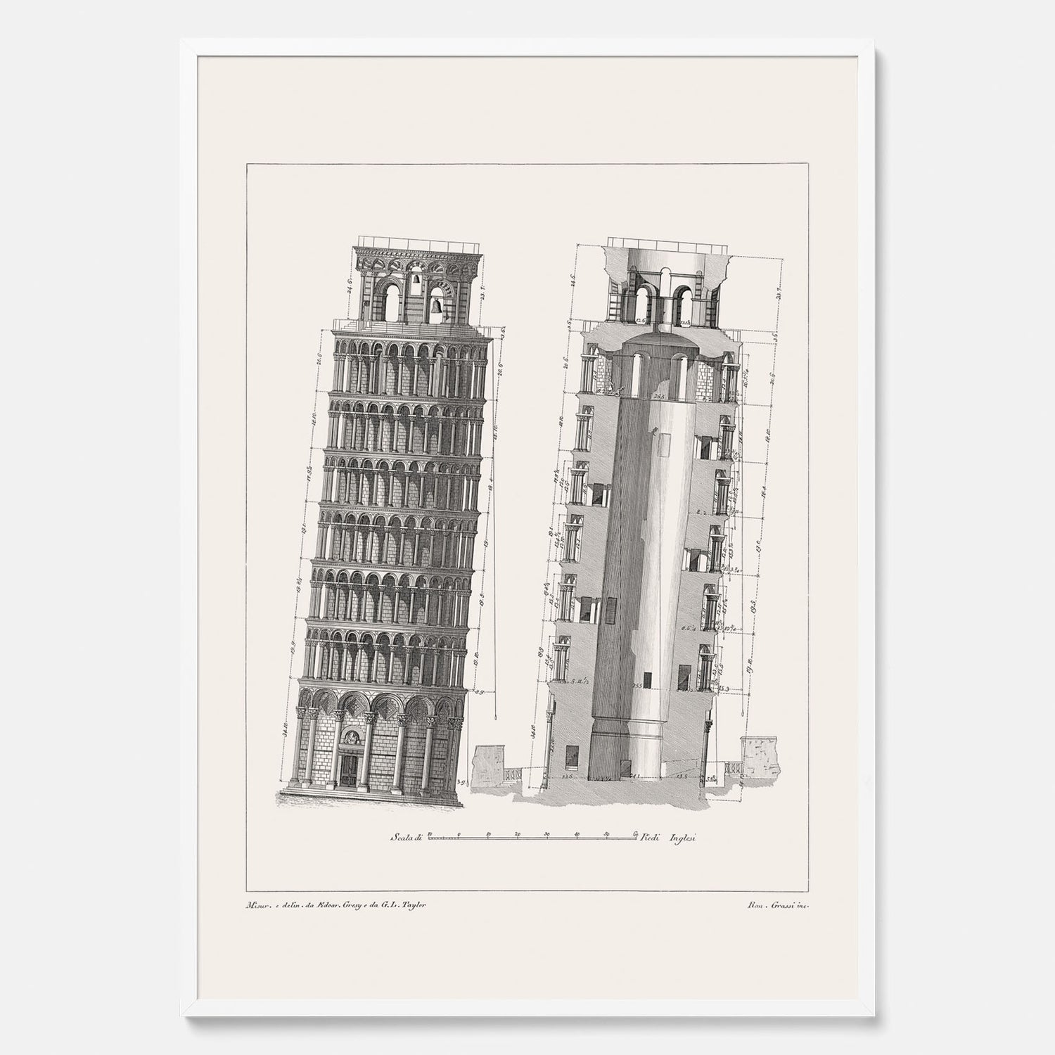 Tavla med en vintageposter som visar en illustration av Lutande tornet i Pisa, arkitektritning