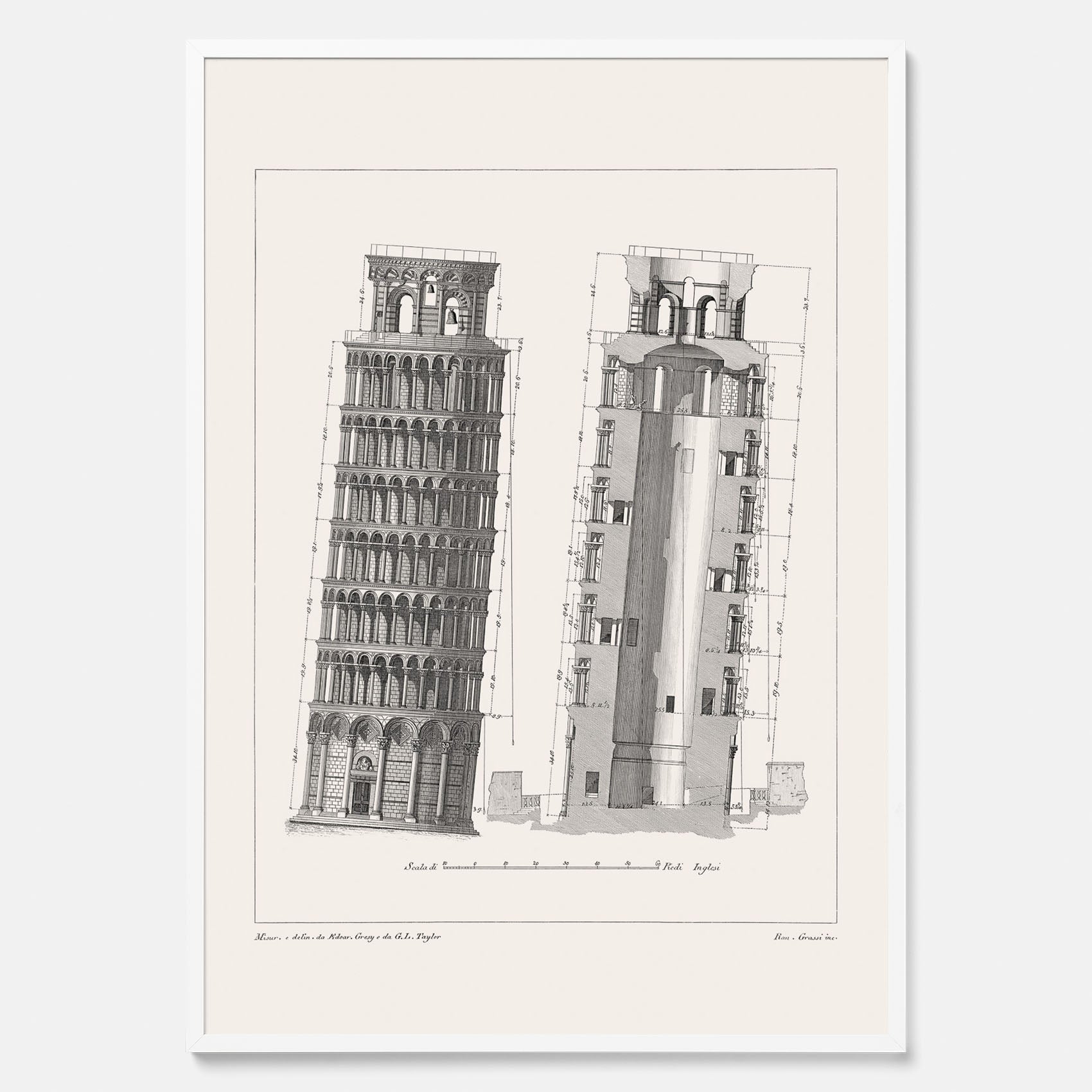 Tavla med en vintageposter som visar en illustration av Lutande tornet i Pisa, arkitektritning