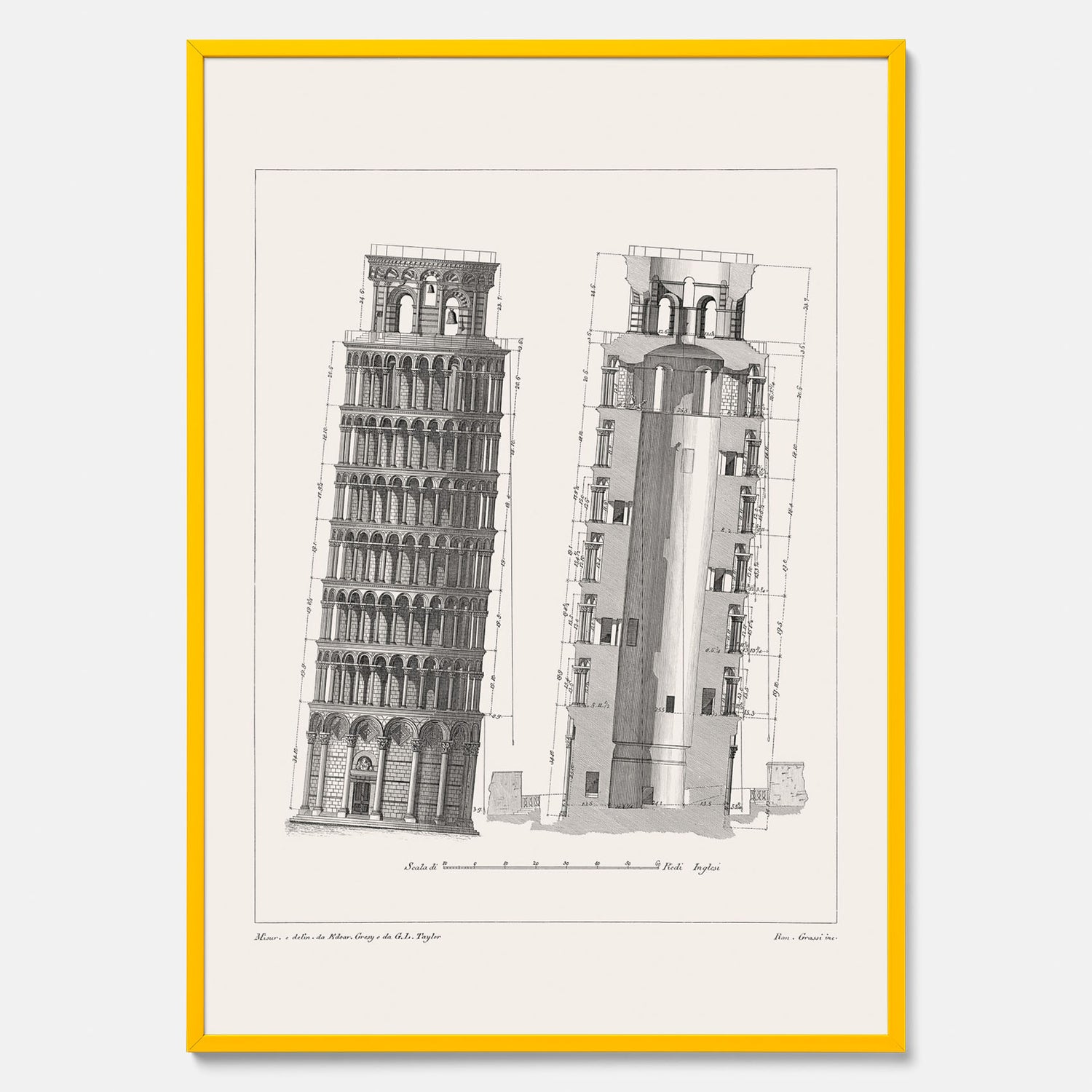 Tavla med en vintageposter som visar en illustration av Lutande tornet i Pisa, arkitektritning