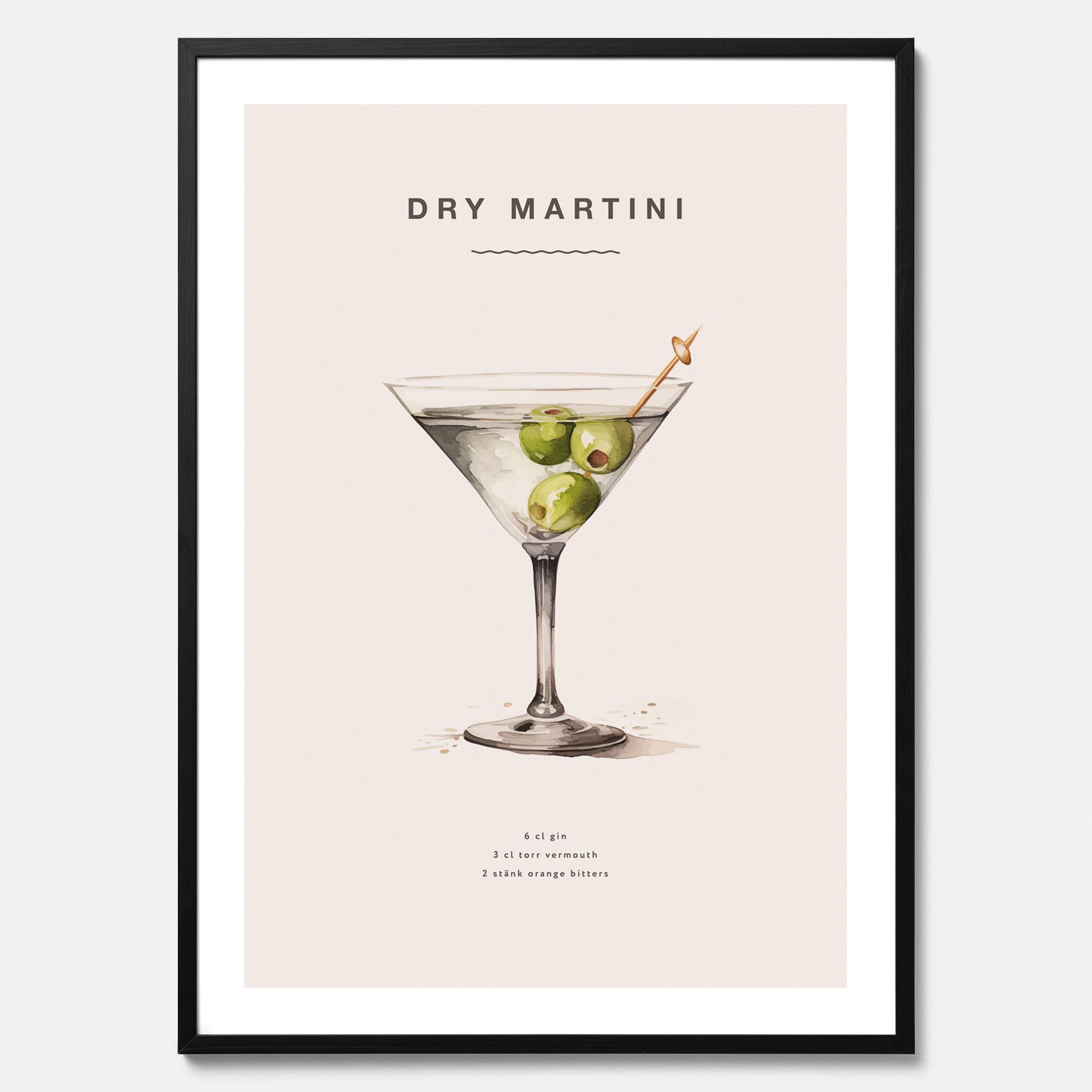 Tavla med en Dry Martini Poster – Affisch med drink, drinkposter med cocktail, Dry Martini recept poster