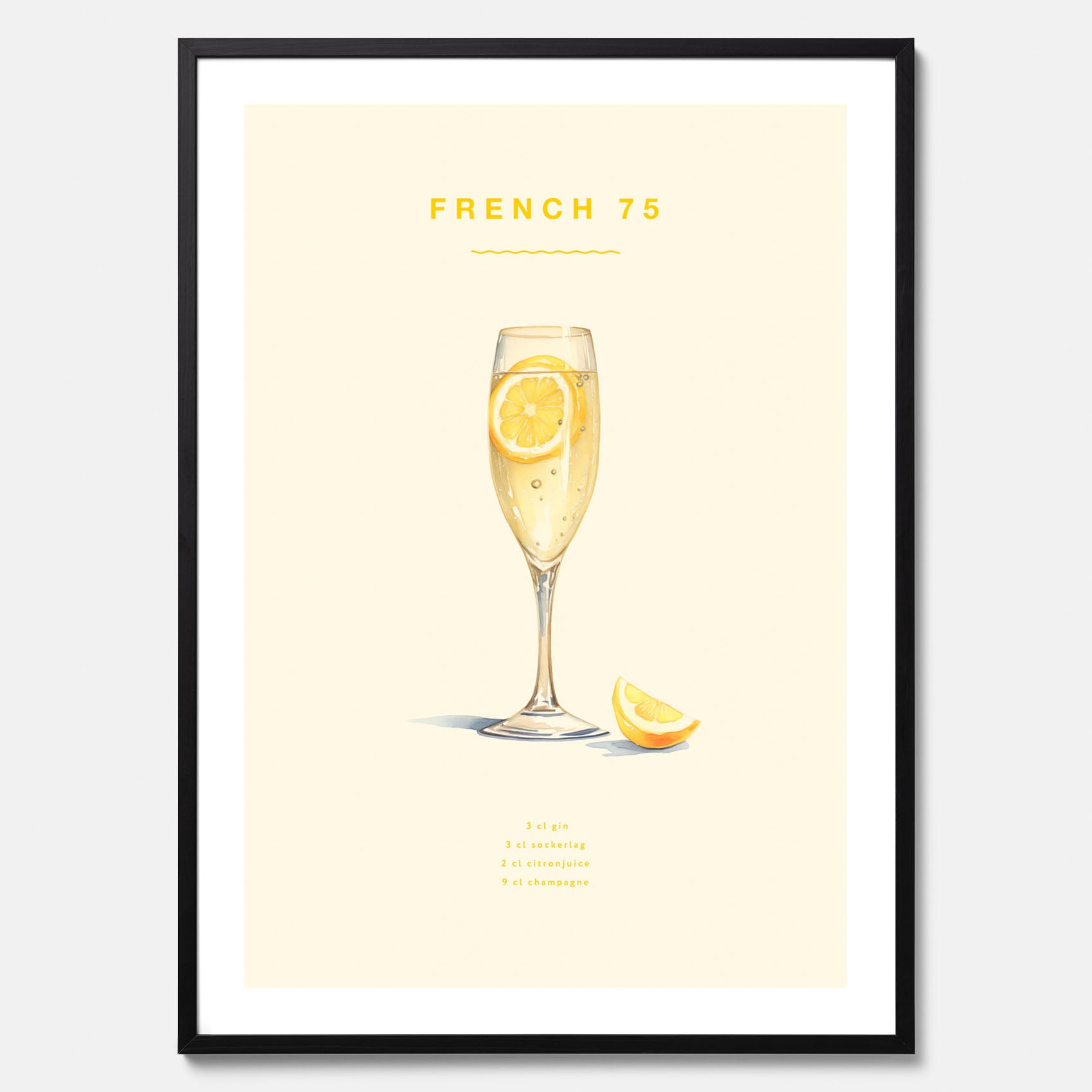 Tavla med French 75 drinkposter, cocktail poster
