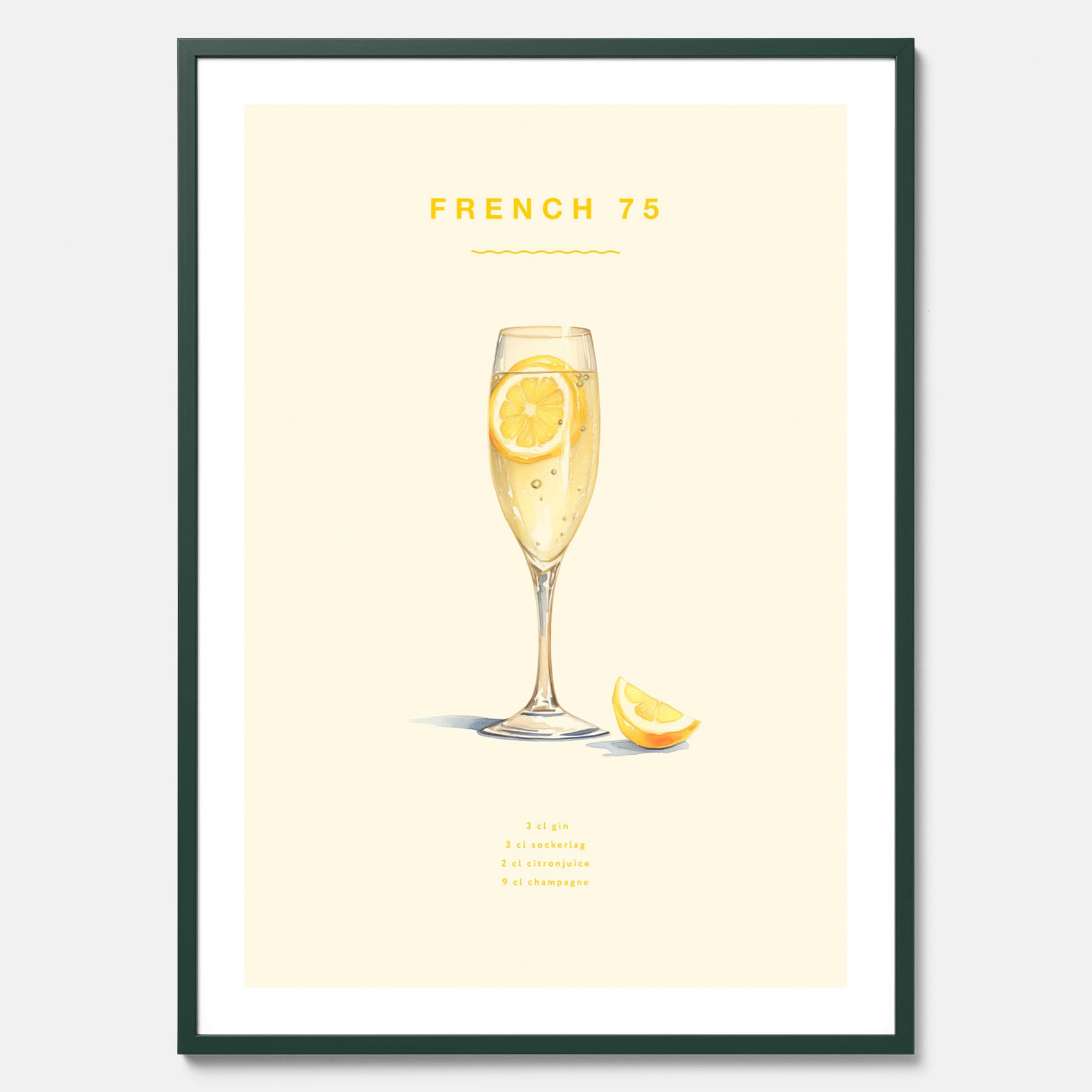 Tavla med French 75 drinkposter, cocktail poster
