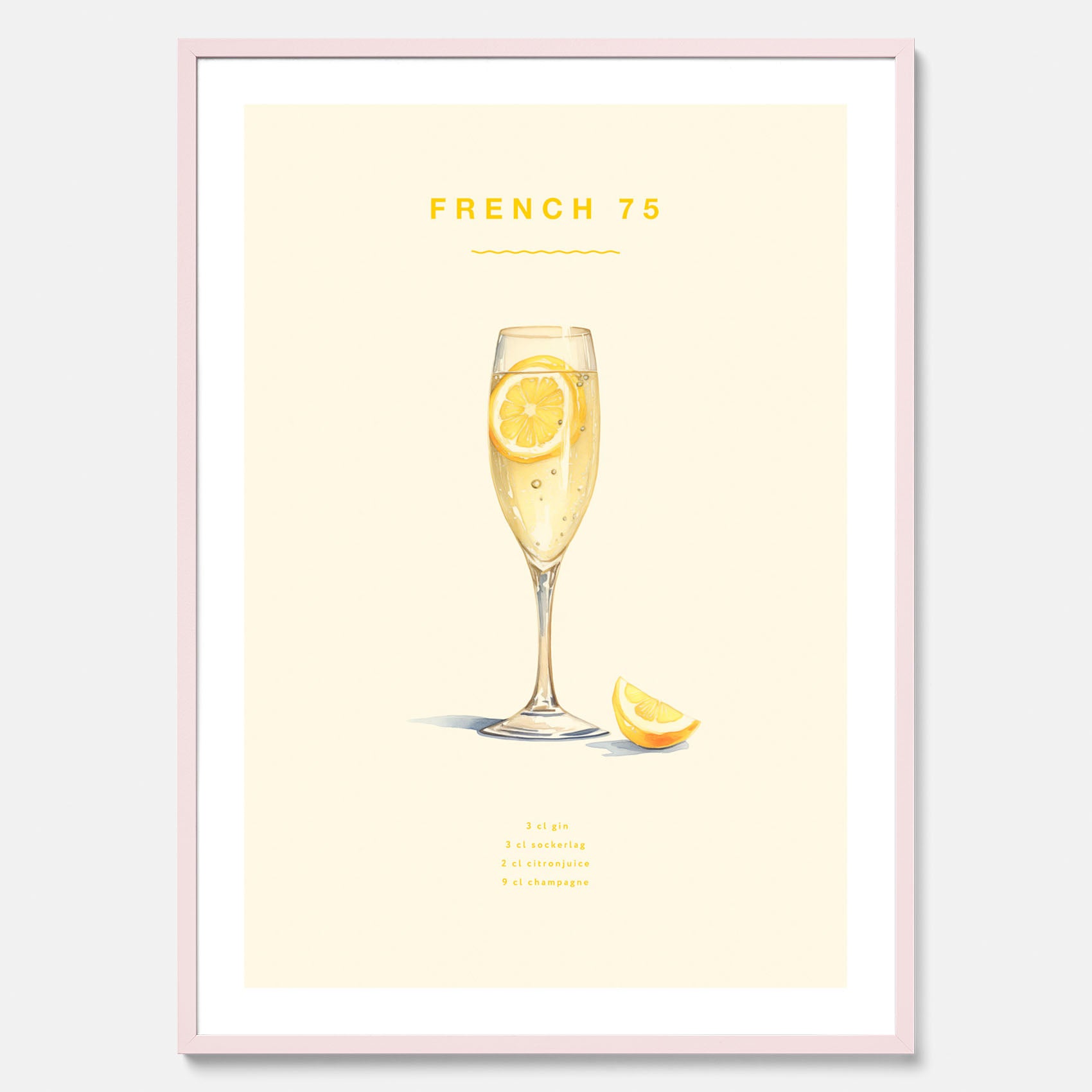 Tavla med French 75 drinkposter, cocktail poster