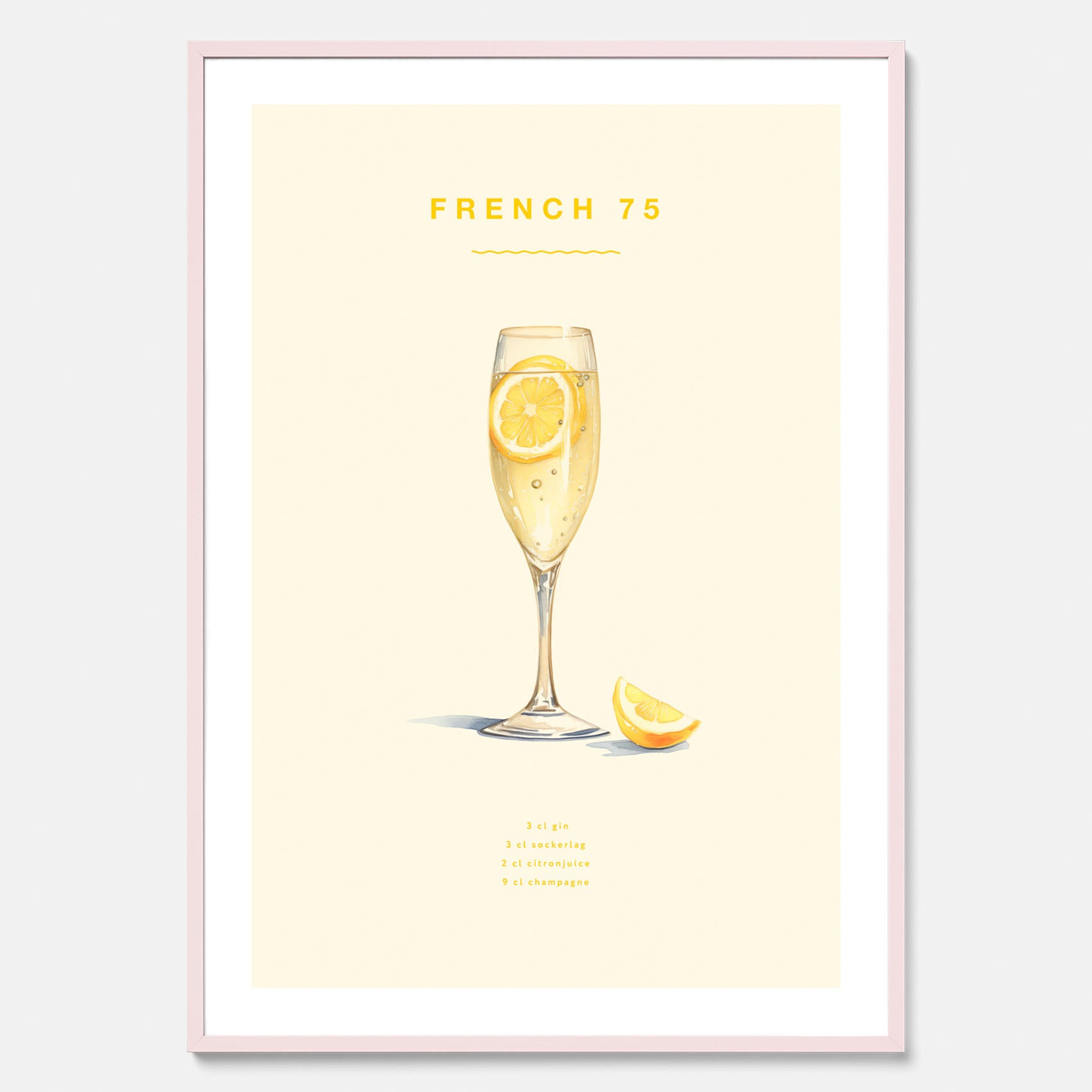 Tavla med French 75 drinkposter, cocktail poster