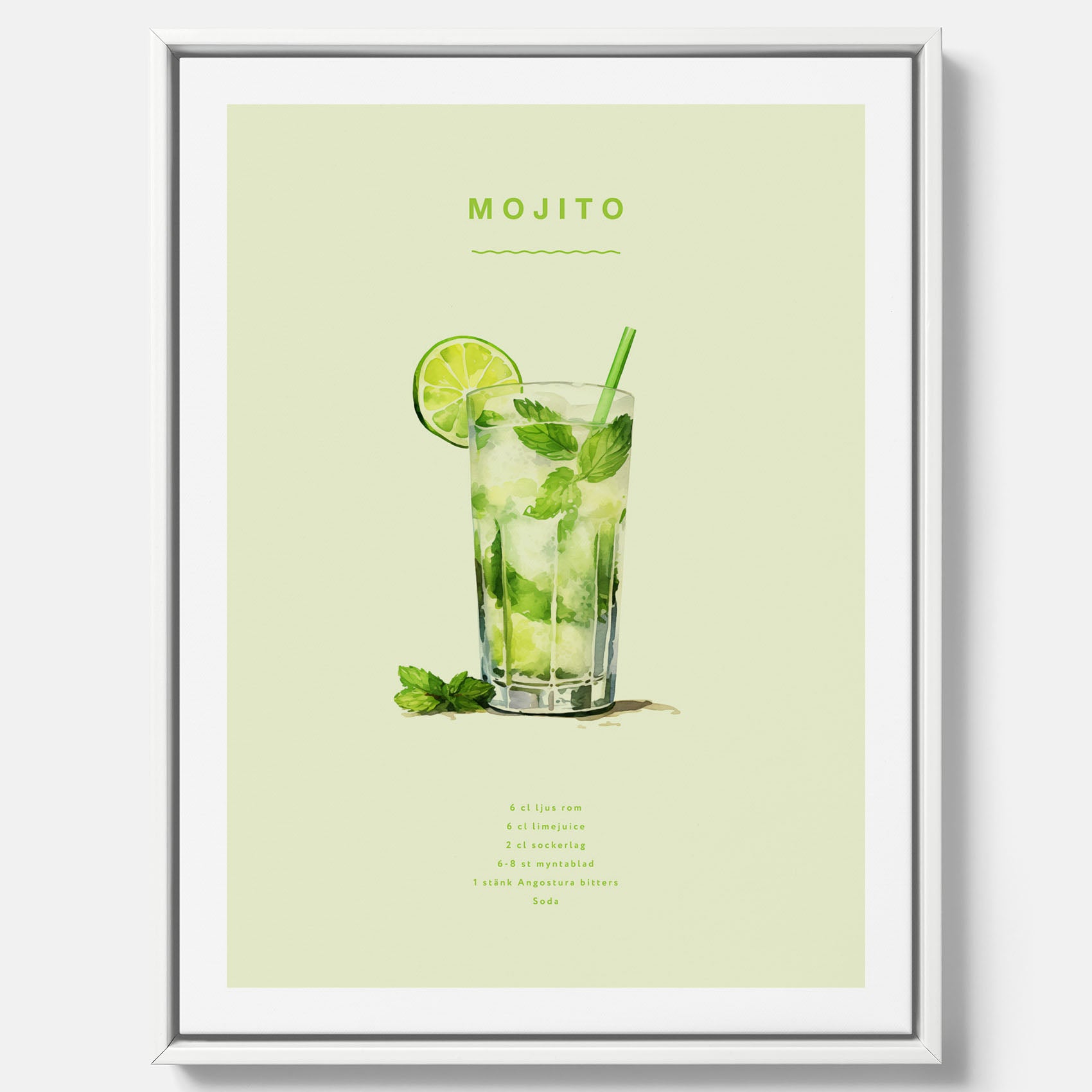 Canvastavla med en Mojito Drink Poster – Affisch med drink, drinkposter med cocktail, Mojito recept poster