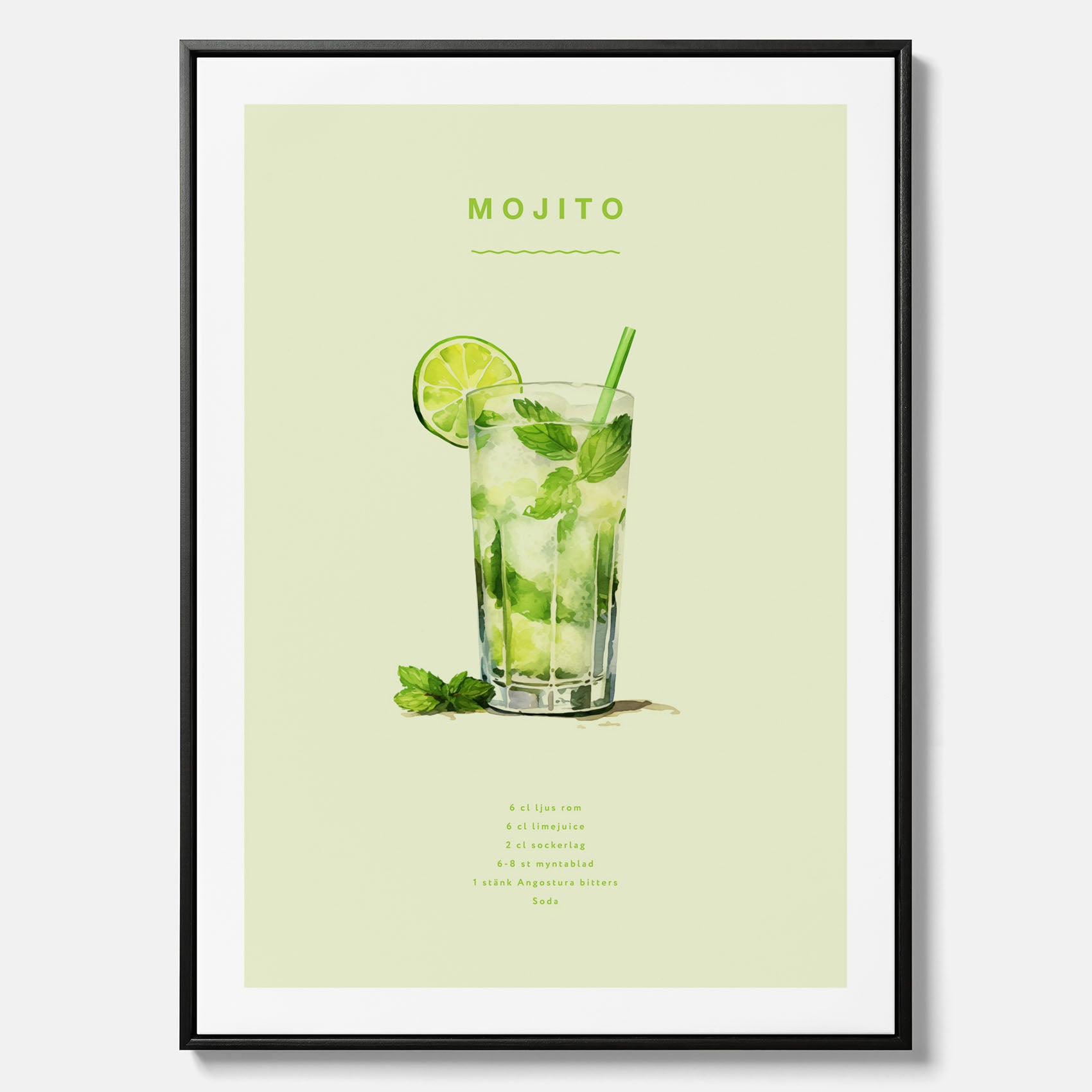 Canvastavla med en Mojito Drink Poster – Affisch med drink, drinkposter med cocktail, Mojito recept poster