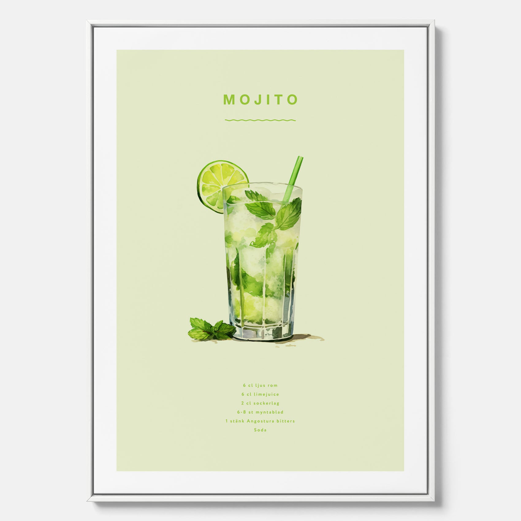 Canvastavla med en Mojito Drink Poster – Affisch med drink, drinkposter med cocktail, Mojito recept poster