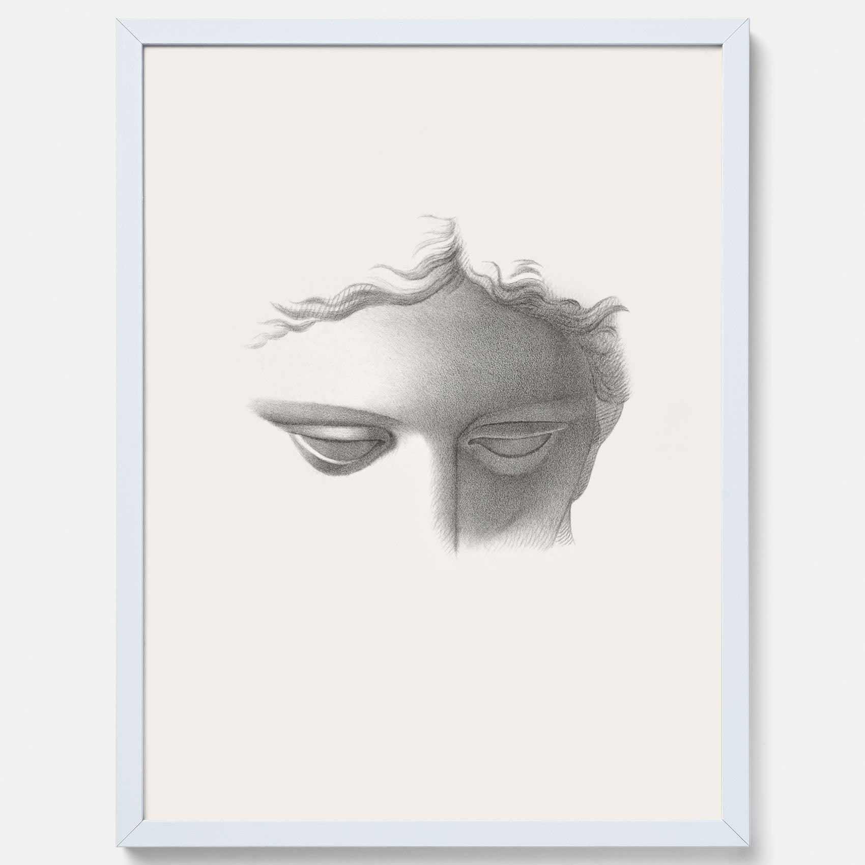 Vintageaffisch med en minimalistisk illustration av statyn Apollo di Belvedere av konstnären James Fuller Queen