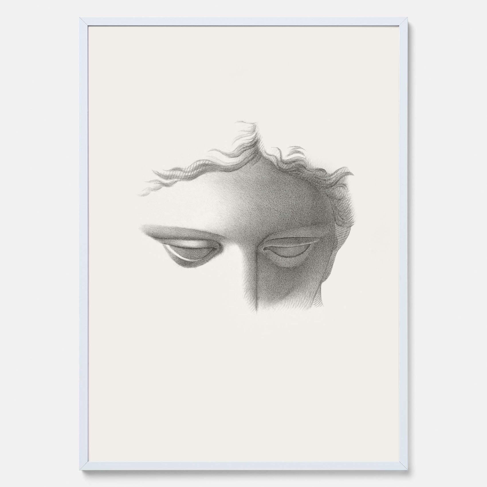Vintageaffisch med en minimalistisk illustration av statyn Apollo di Belvedere av konstnären James Fuller Queen