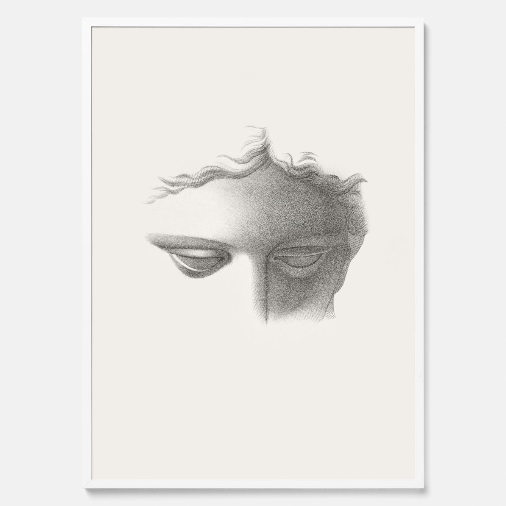 Vintageaffisch med en minimalistisk illustration av statyn Apollo di Belvedere av konstnären James Fuller Queen