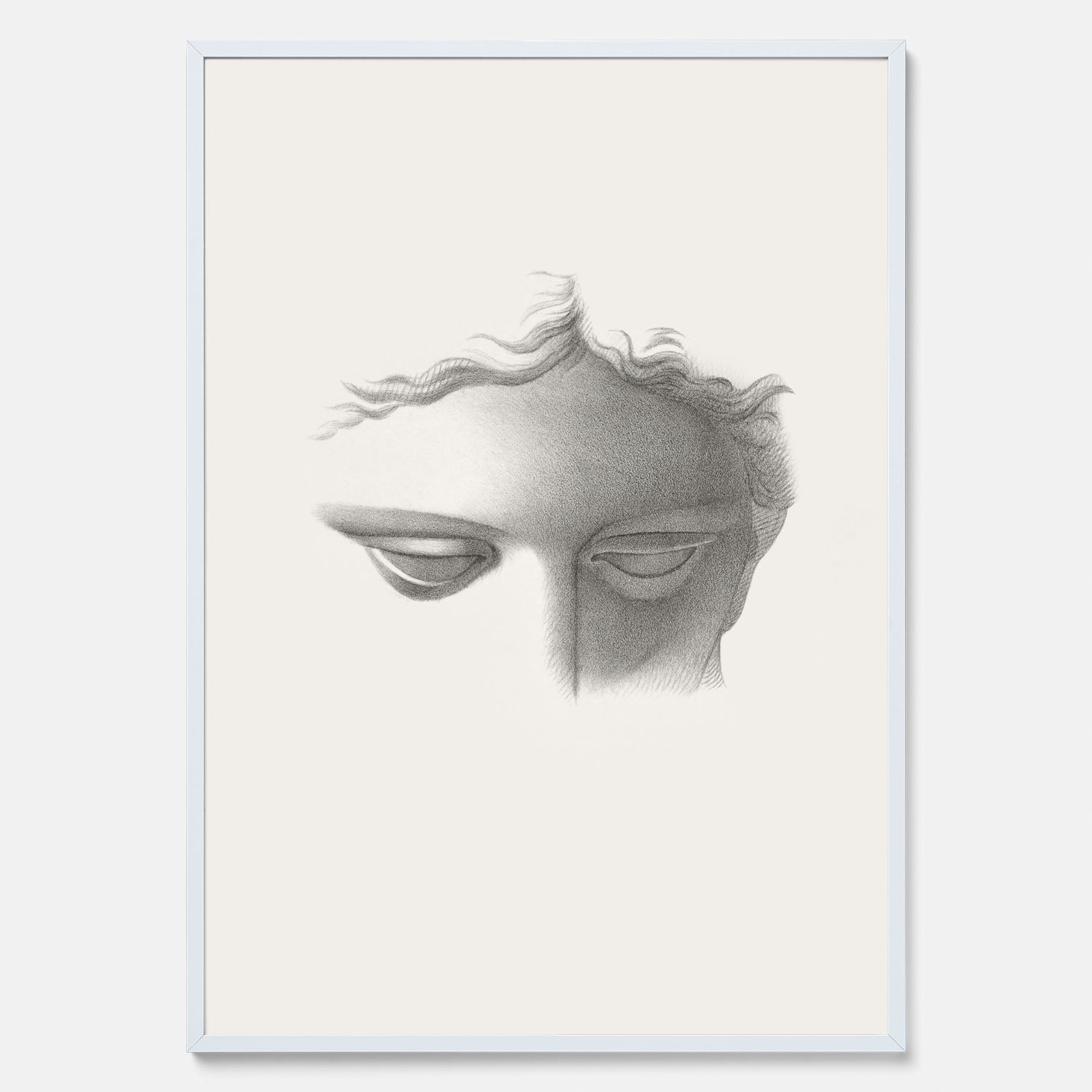 Vintageaffisch med en minimalistisk illustration av statyn Apollo di Belvedere av konstnären James Fuller Queen