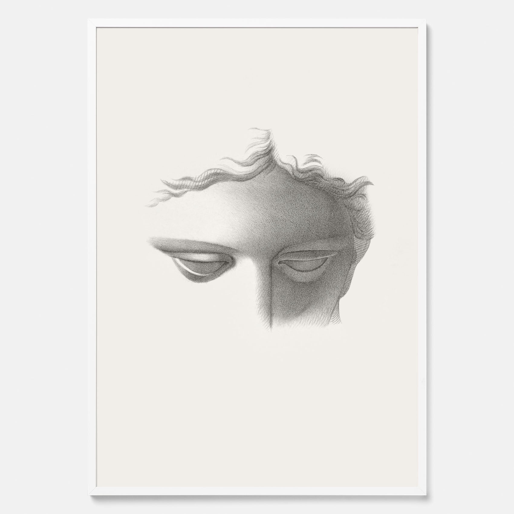 Vintageaffisch med en minimalistisk illustration av statyn Apollo di Belvedere av konstnären James Fuller Queen
