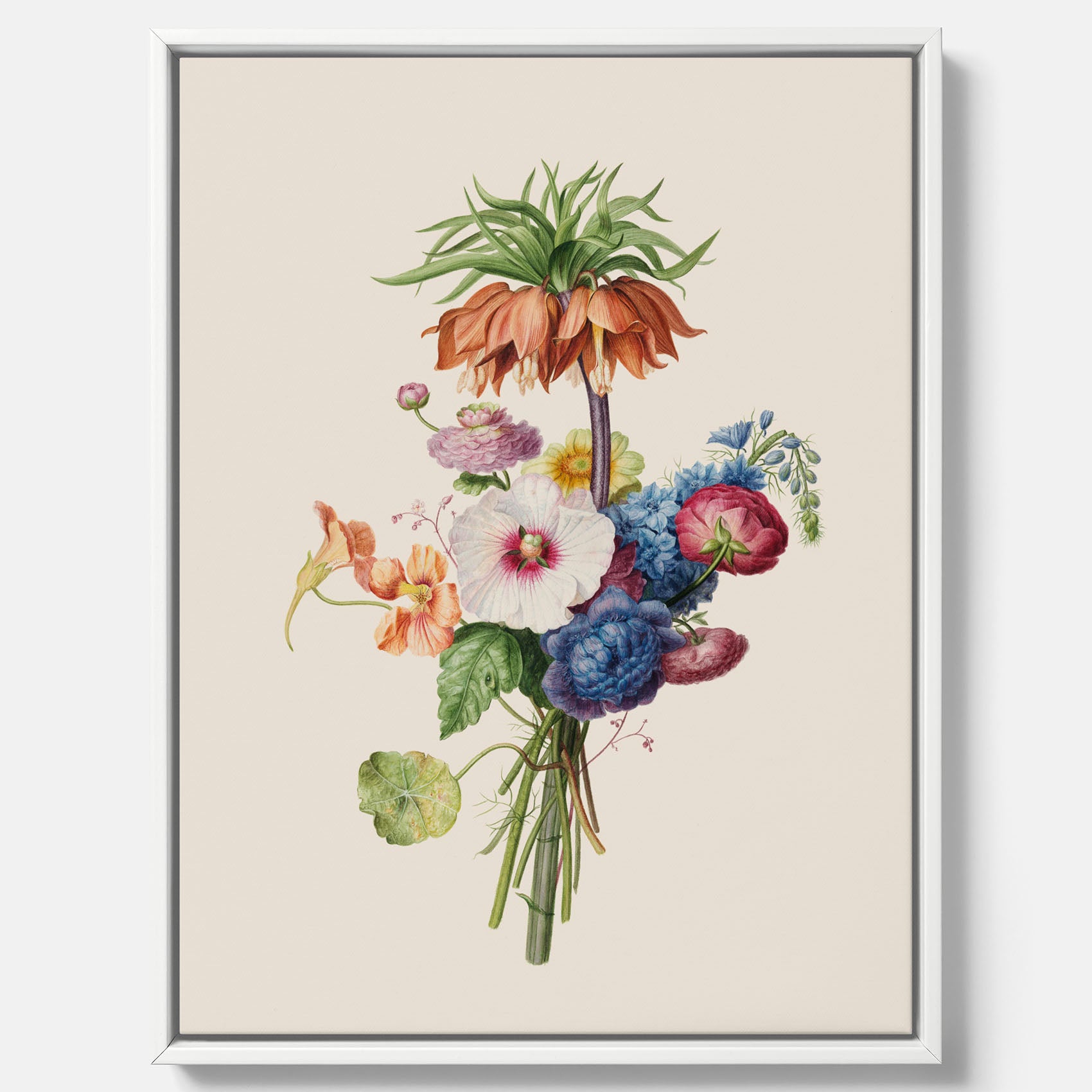 Vintagecanvas som visar en vacker illustration av en bukett blommor, skapad av den nederländska konstnären Henriëtte Geertruida Knip