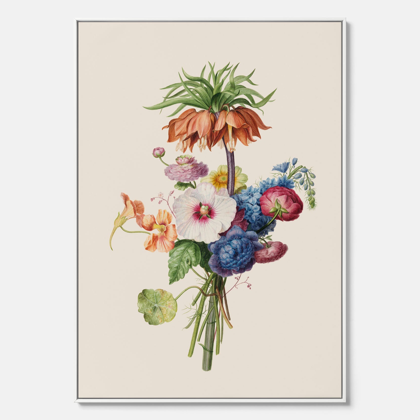 Vintagecanvas som visar en vacker illustration av en bukett blommor, skapad av den nederländska konstnären Henriëtte Geertruida Knip