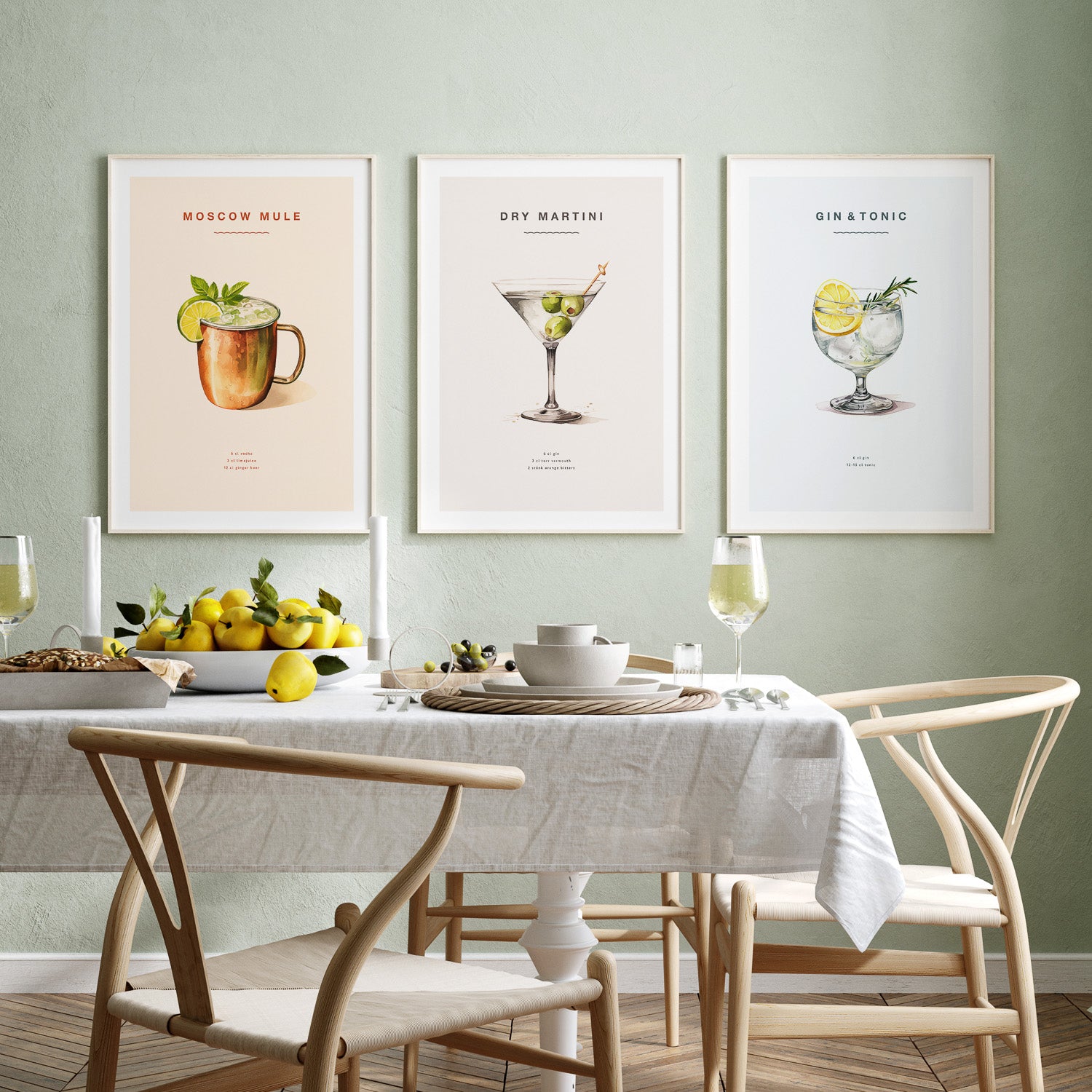 Drinkposters med Moscow Mule, Dry Martini och Gin & Tonic, tavlor med drinkmotiv