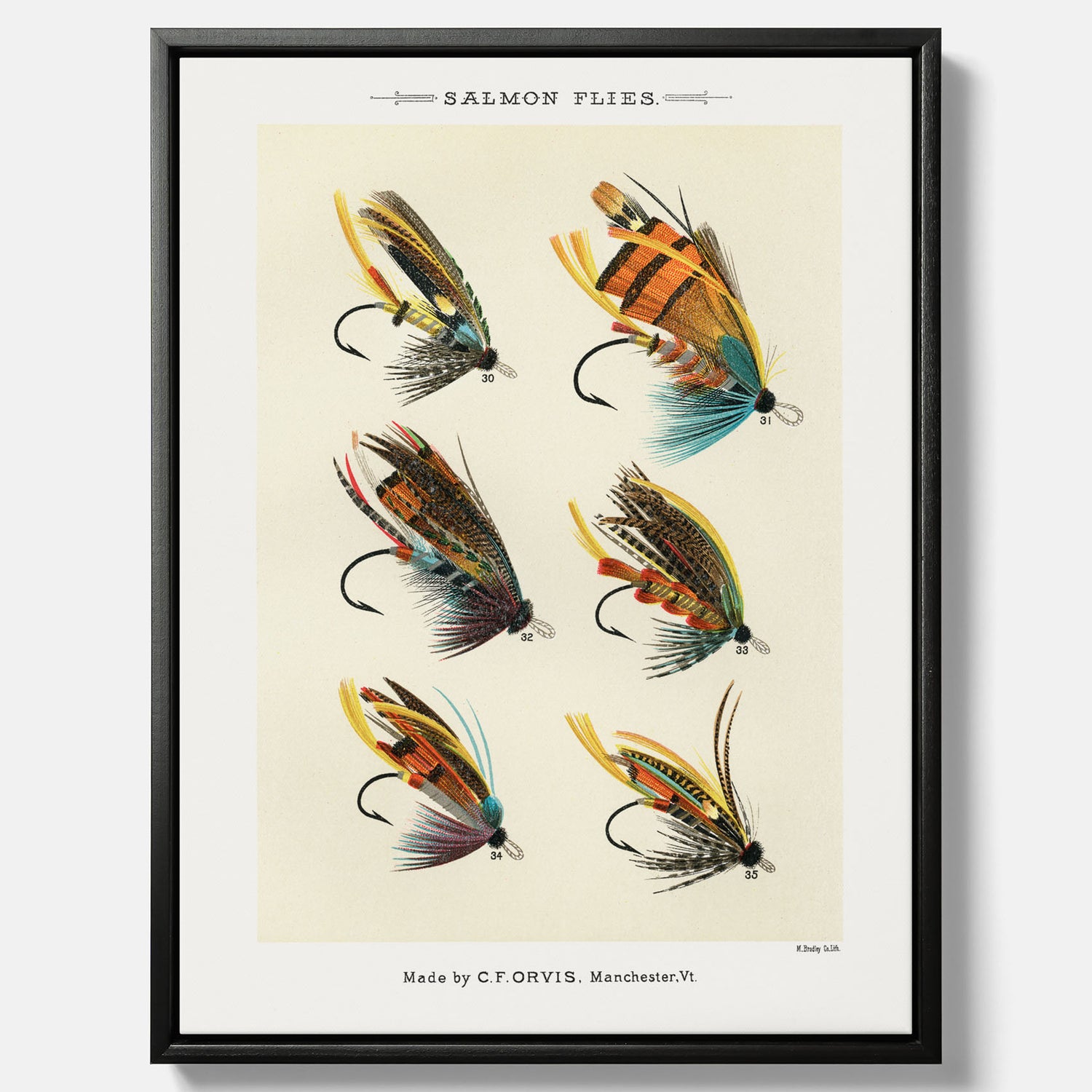 Vintageposter med illustration av fiskedrag för att flugfiska lax, skapad av Mary Orvis Marbury canvas