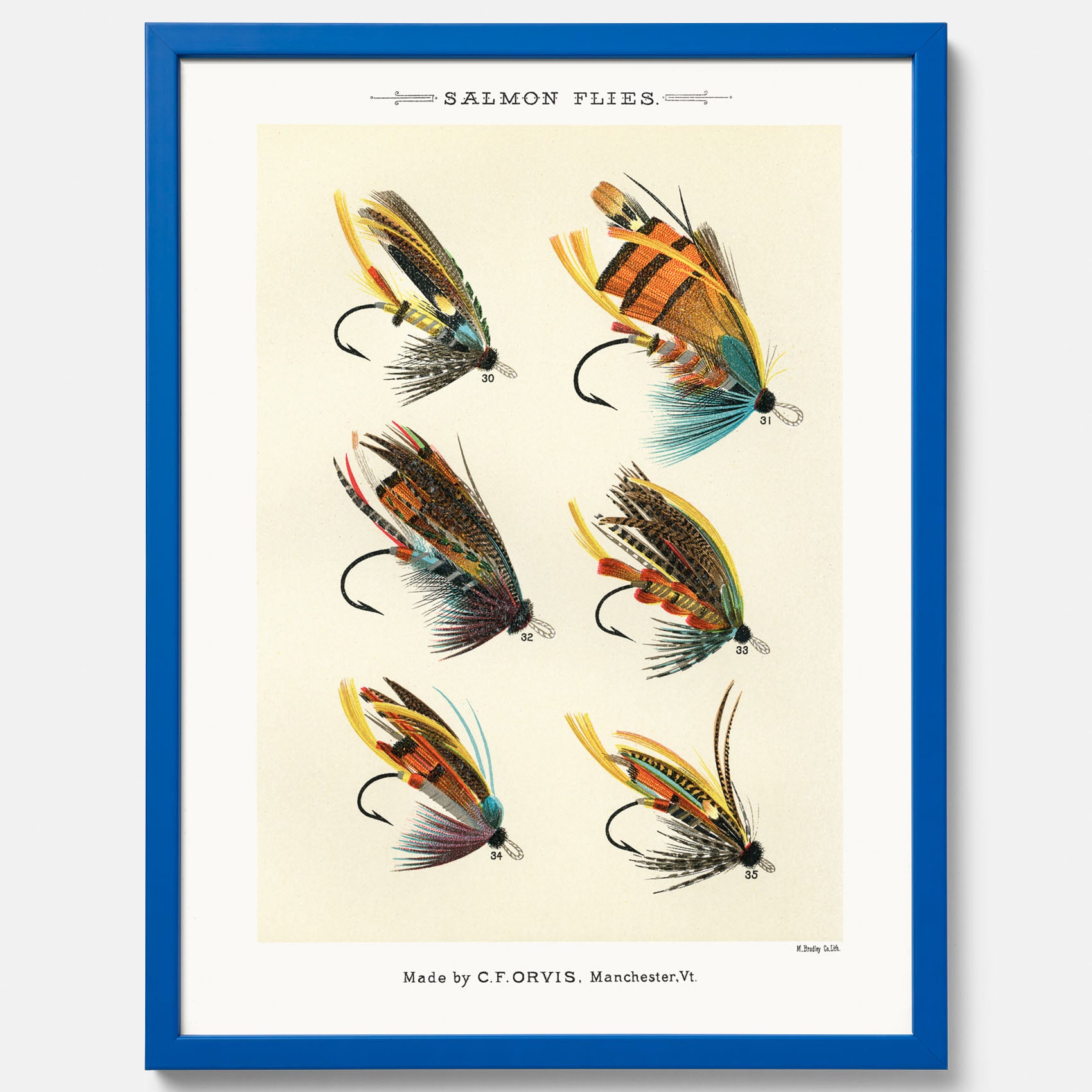 Vintageposter med illustration av fiskedrag för att flugfiska lax, skapad av Mary Orvis Marbury