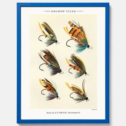 Vintageposter med illustration av fiskedrag för att flugfiska lax, skapad av Mary Orvis Marbury