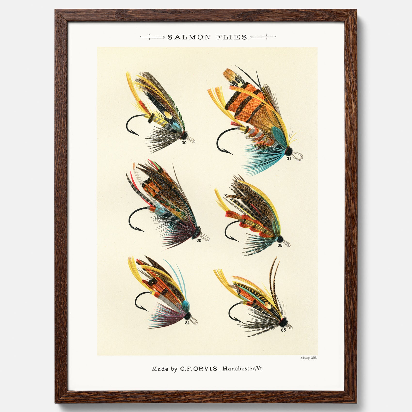 Vintageposter med illustration av fiskedrag för att flugfiska lax, skapad av Mary Orvis Marbury