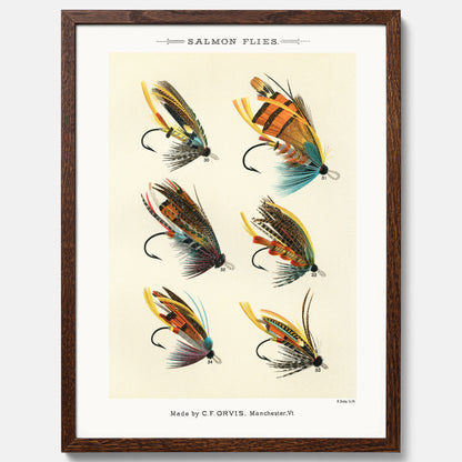 Vintageposter med illustration av fiskedrag för att flugfiska lax, skapad av Mary Orvis Marbury
