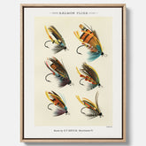 Vintageposter med illustration av fiskedrag för att flugfiska lax, skapad av Mary Orvis Marbury canvas