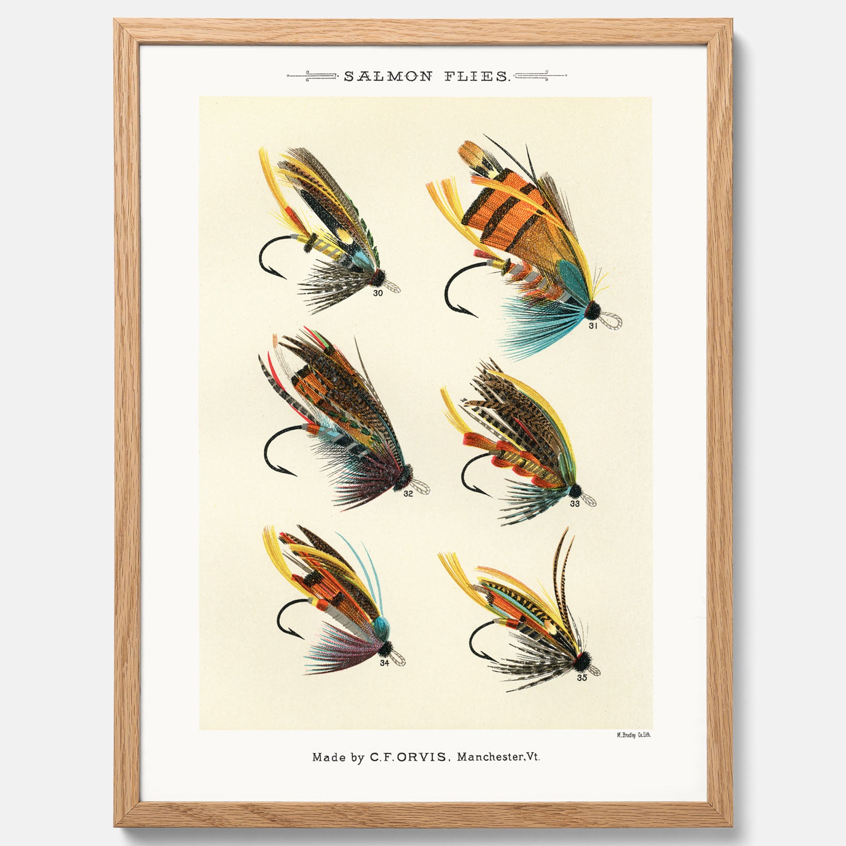 Vintageposter med illustration av fiskedrag för att flugfiska lax, skapad av Mary Orvis Marbury