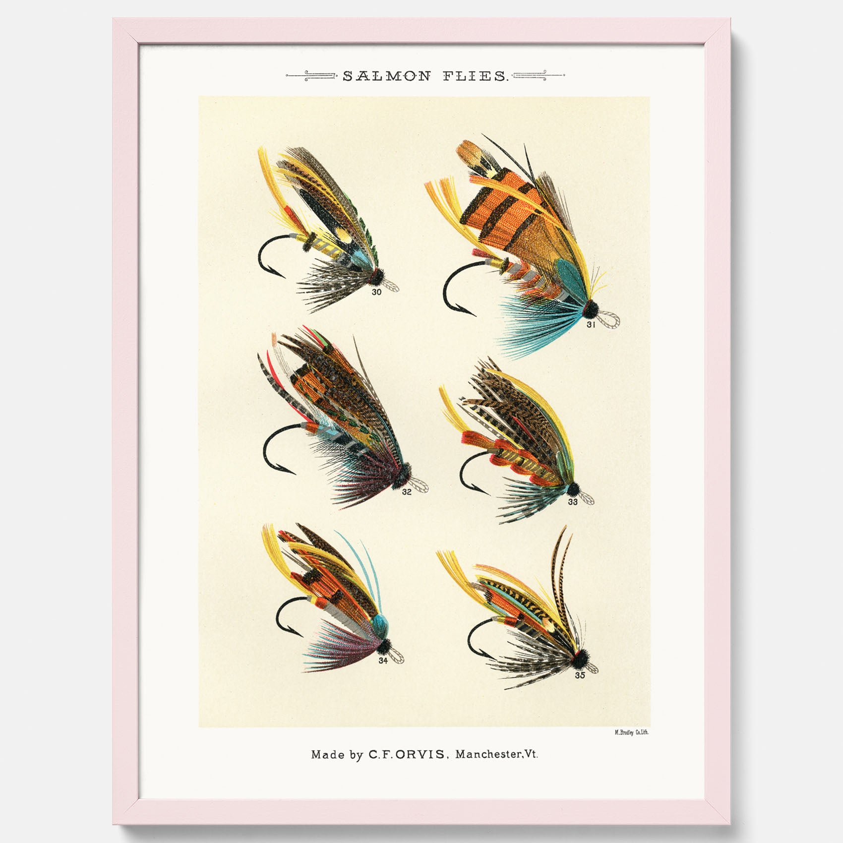 Vintageposter med illustration av fiskedrag för att flugfiska lax, skapad av Mary Orvis Marbury