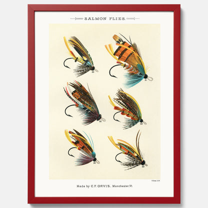 Vintageposter med illustration av fiskedrag för att flugfiska lax, skapad av Mary Orvis Marbury