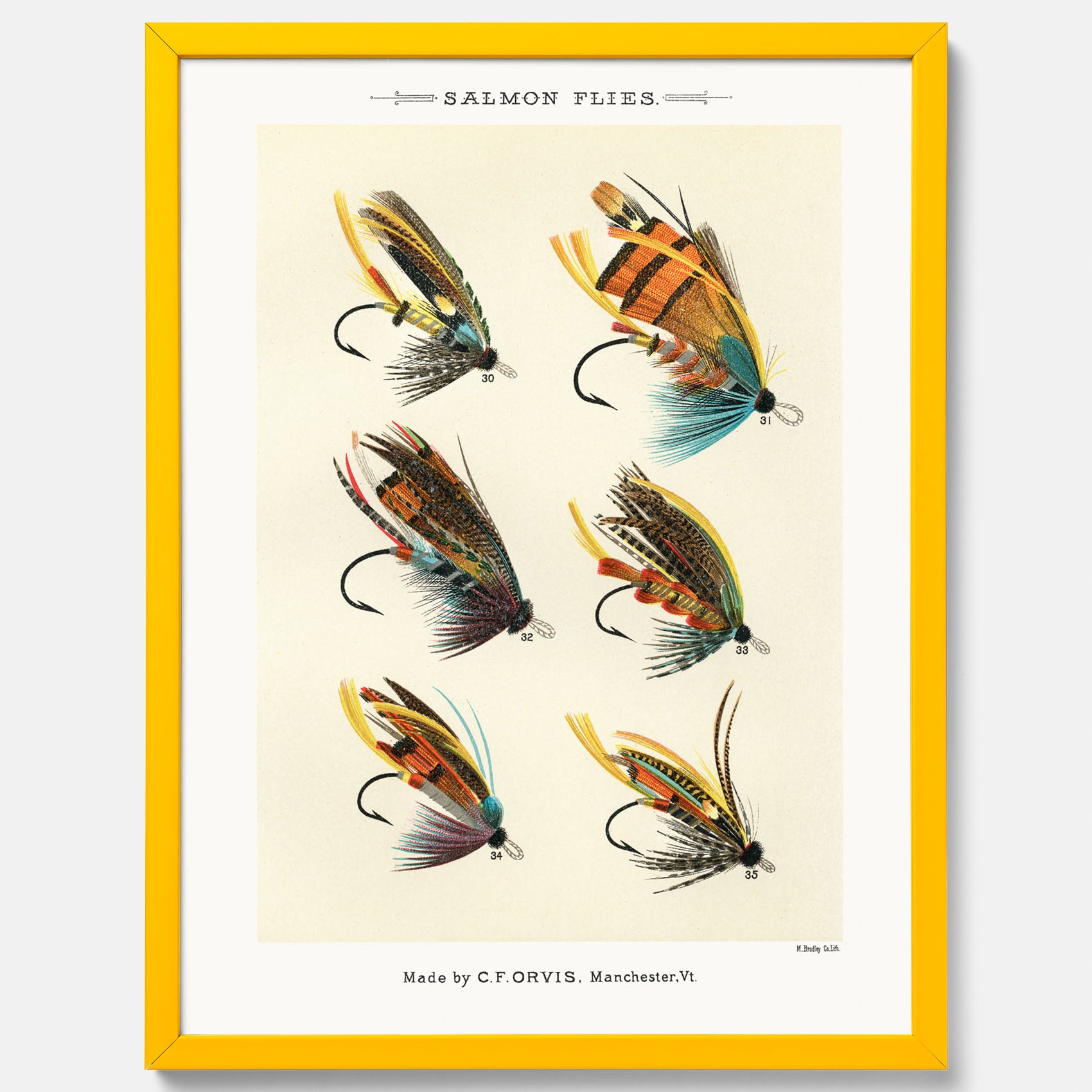 Vintageposter med illustration av fiskedrag för att flugfiska lax, skapad av Mary Orvis Marbury